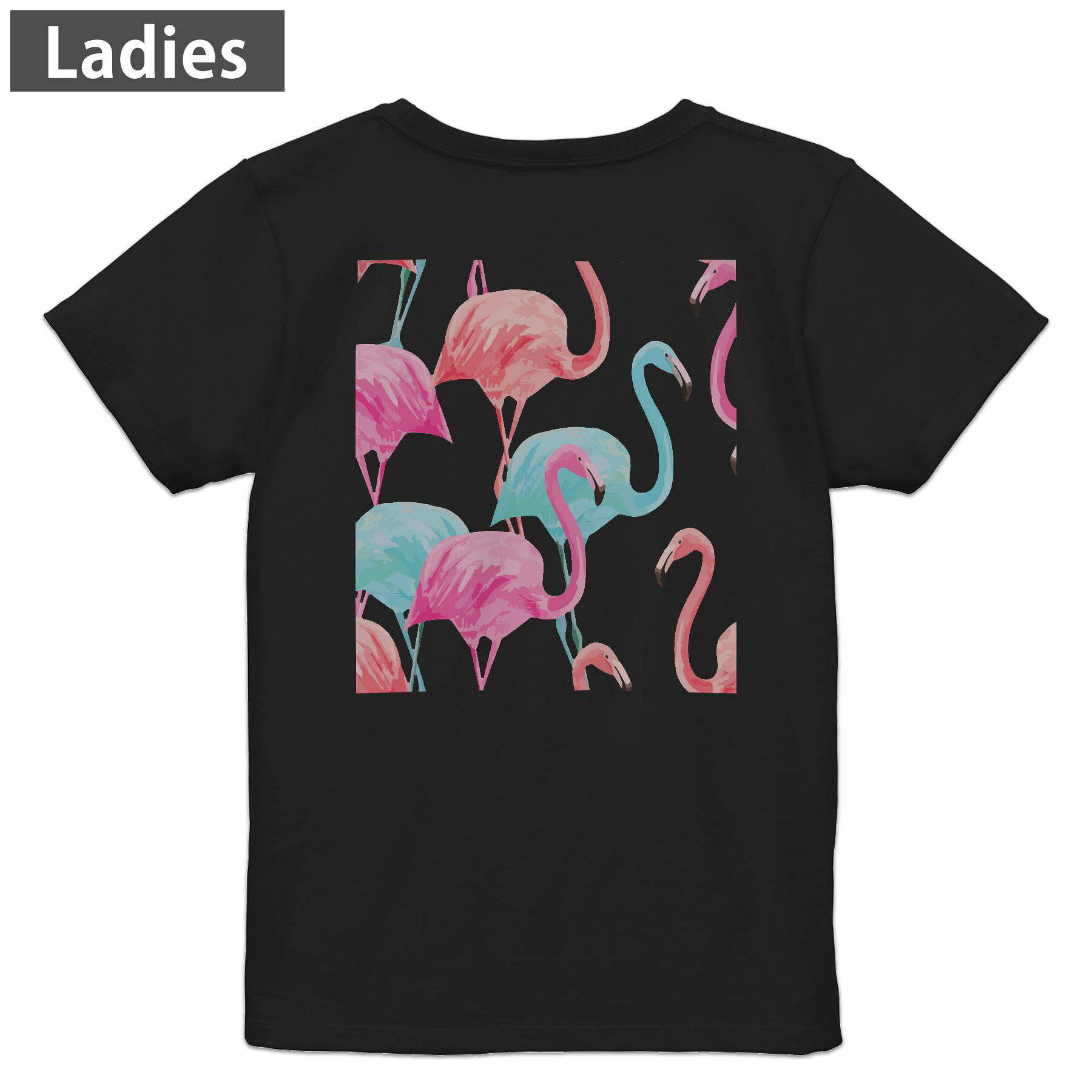 Tシャツ レディース バックプリント 半袖 ブラック 黒 デザイン M L tシャツ ティーシャツ T shirt 011250 フラミンゴ　パステル　アニマル