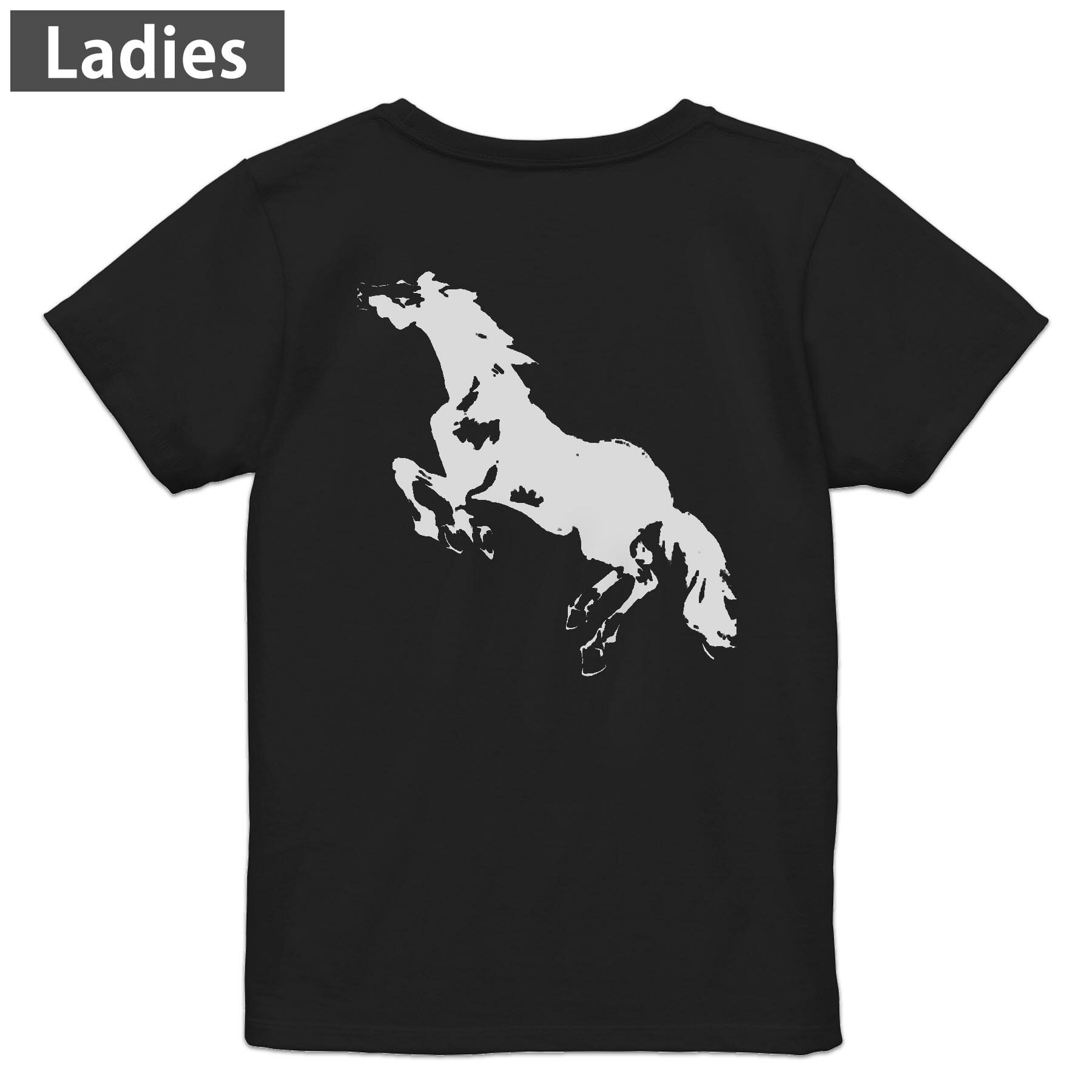 Print - Tシャツ レディース バックプリント 半袖 ブラック 黒 デザイン M L tシャツ ティーシャツ T shirt 011898 馬　シルエット　モノトーン