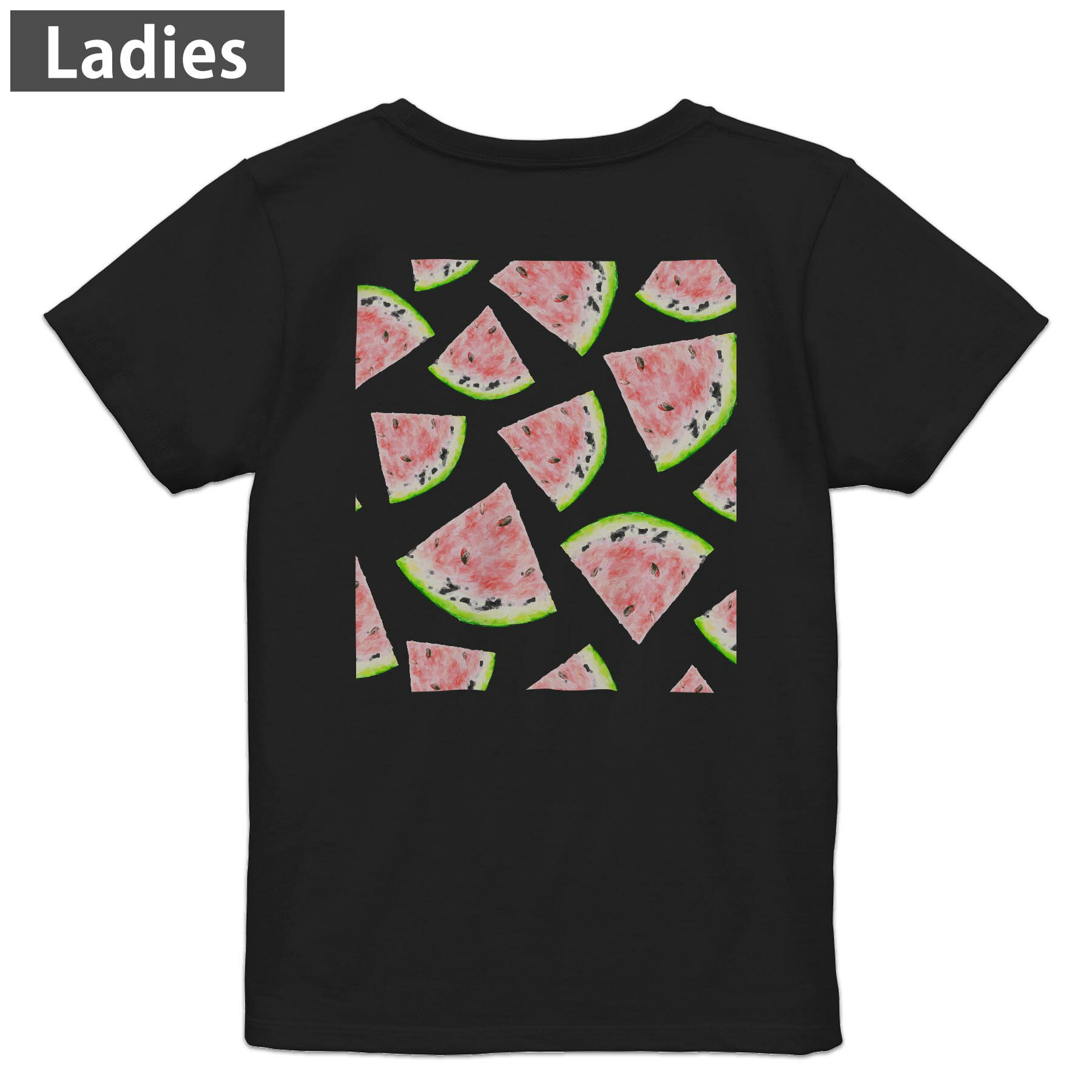 Tシャツ レディース バックプリント 半袖 ブラック 黒 デザイン M L tシャツ ティーシャツ T shirt 012205 スイカ　果物　夏
