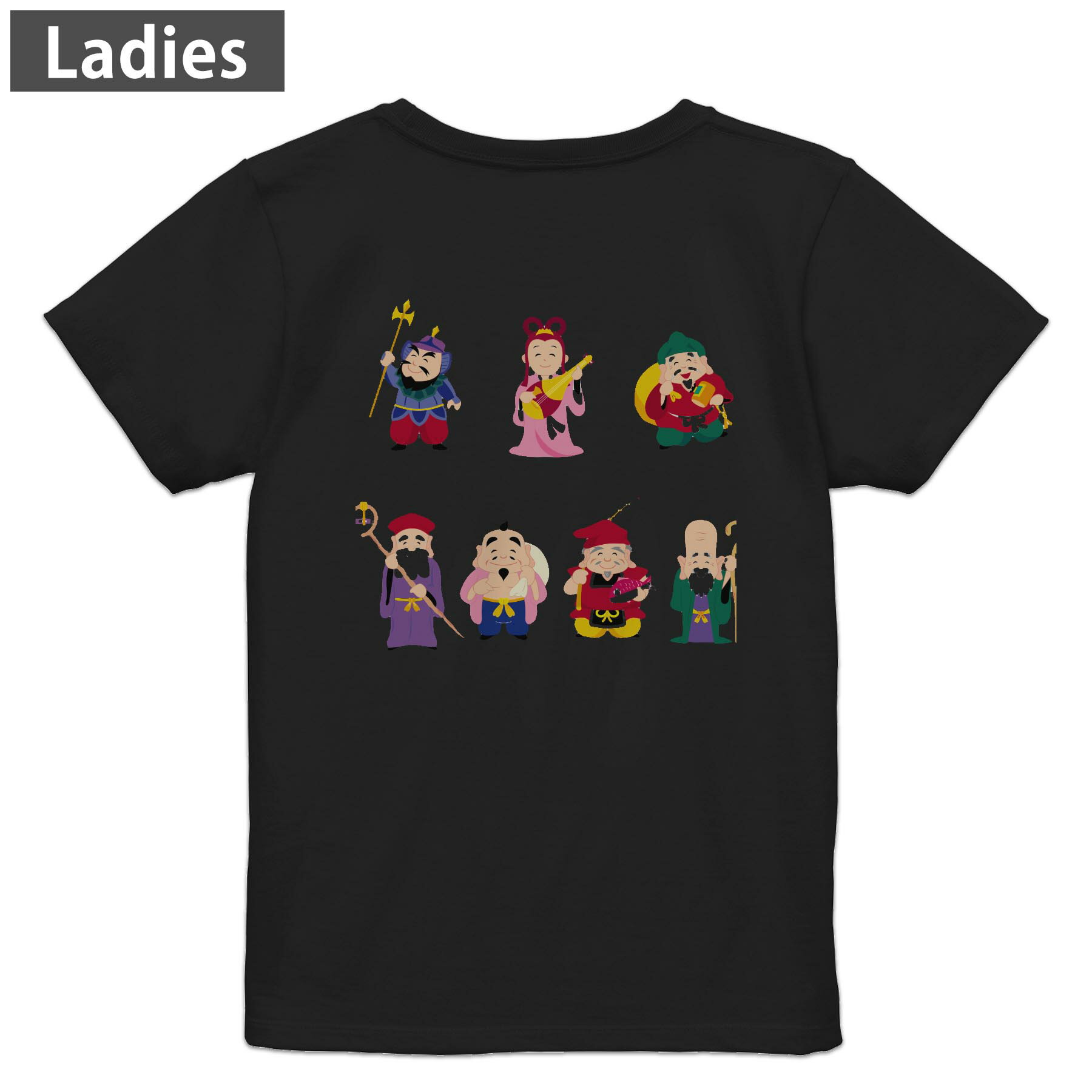 Other - Tシャツ レディース バックプリント 半袖 ブラック 黒 デザイン M L tシャツ ティーシャツ T shirt 012880 七福神　神様　商売?盛