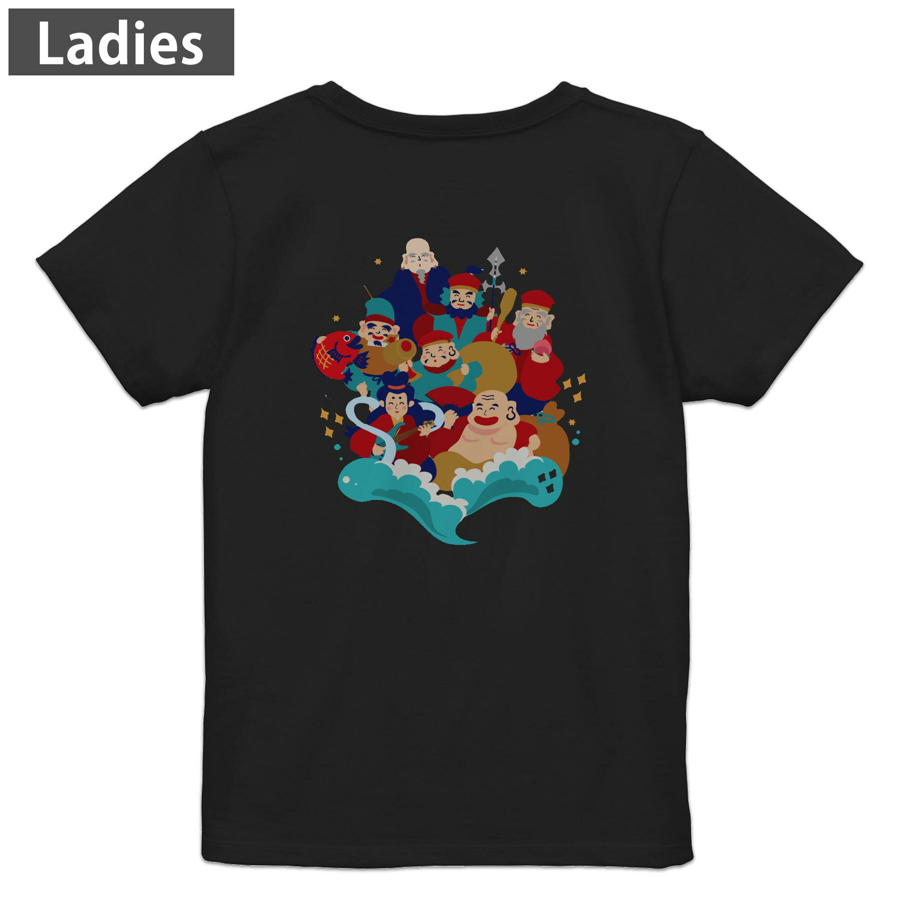 Tシャツ レディース バックプリント 半袖 ブラック 黒 デザイン M L tシャツ ティーシャツ T shirt 012899 七福神　神様　商売?盛