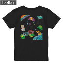 Tシャツ レディース バックプリント 半袖 ブラック 黒 デザイン M L tシャツ ティーシャツ T shirt 012976 雨 カエル 傘