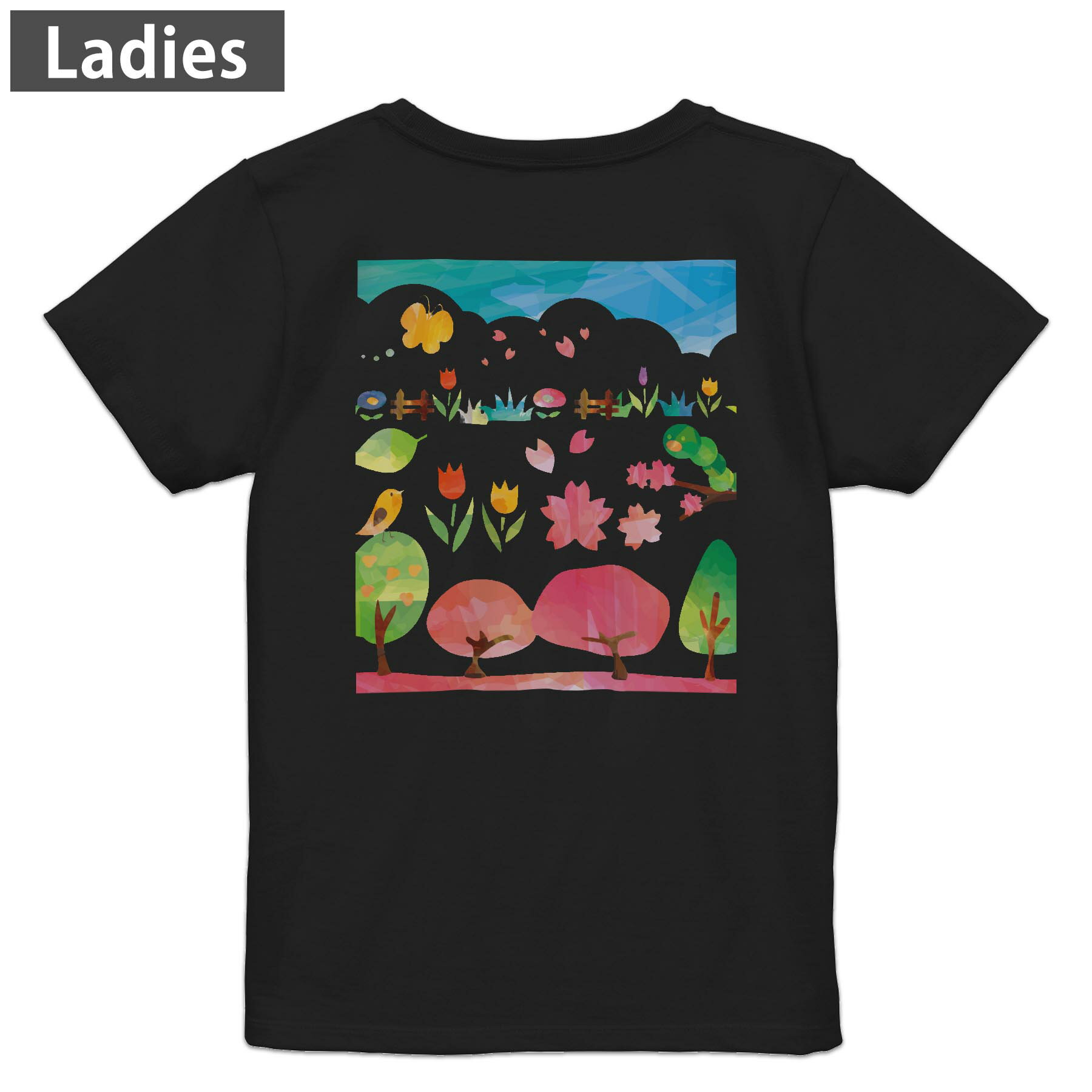Other - Tシャツ レディース バックプリント 半袖 ブラック 黒 デザイン M L tシャツ ティーシャツ T shirt 012990 木　鳥　虫