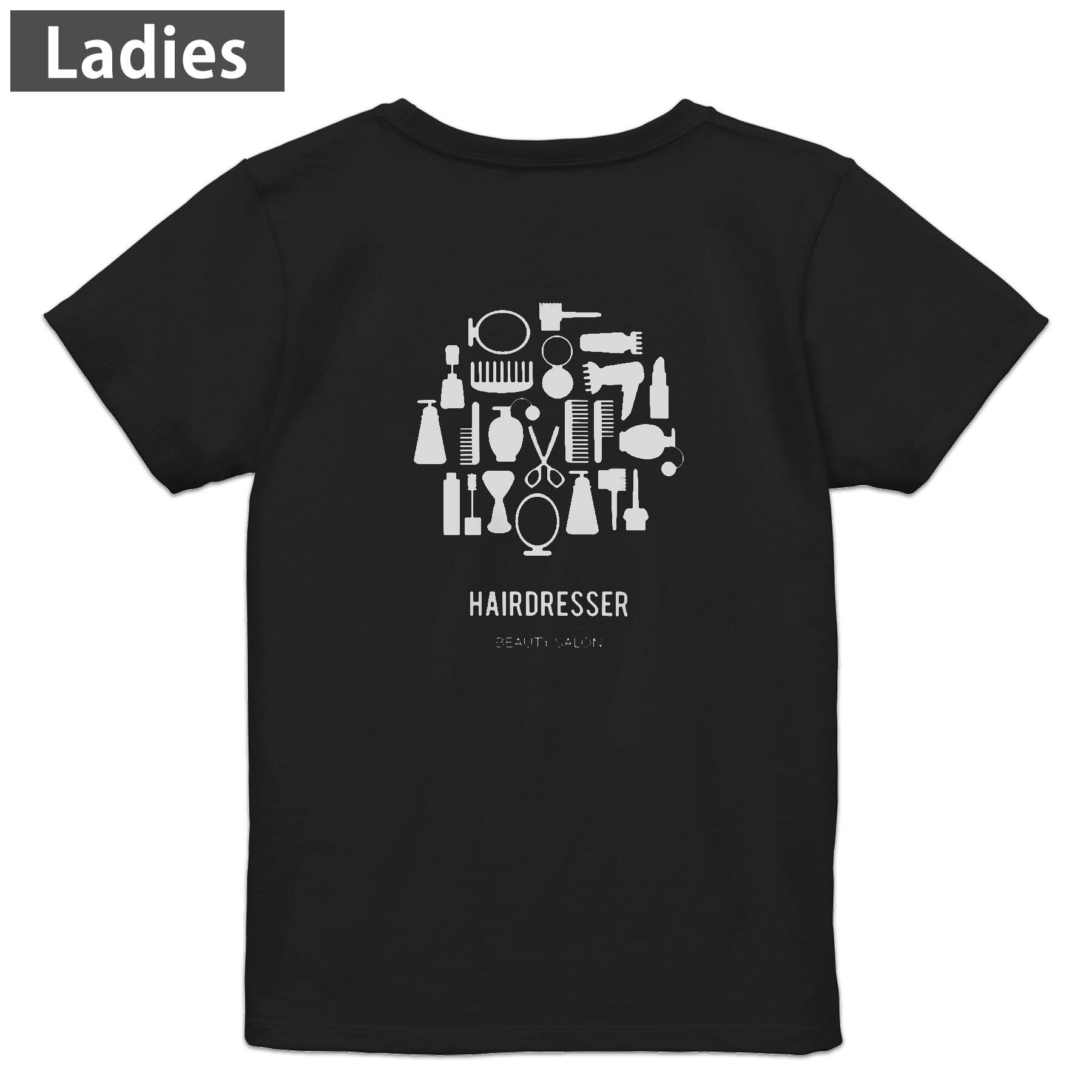 Print - Tシャツ レディース バックプリント 半袖 ブラック 黒 デザイン M L tシャツ ティーシャツ T shirt 013252 モノトーン　美容室　シルエット