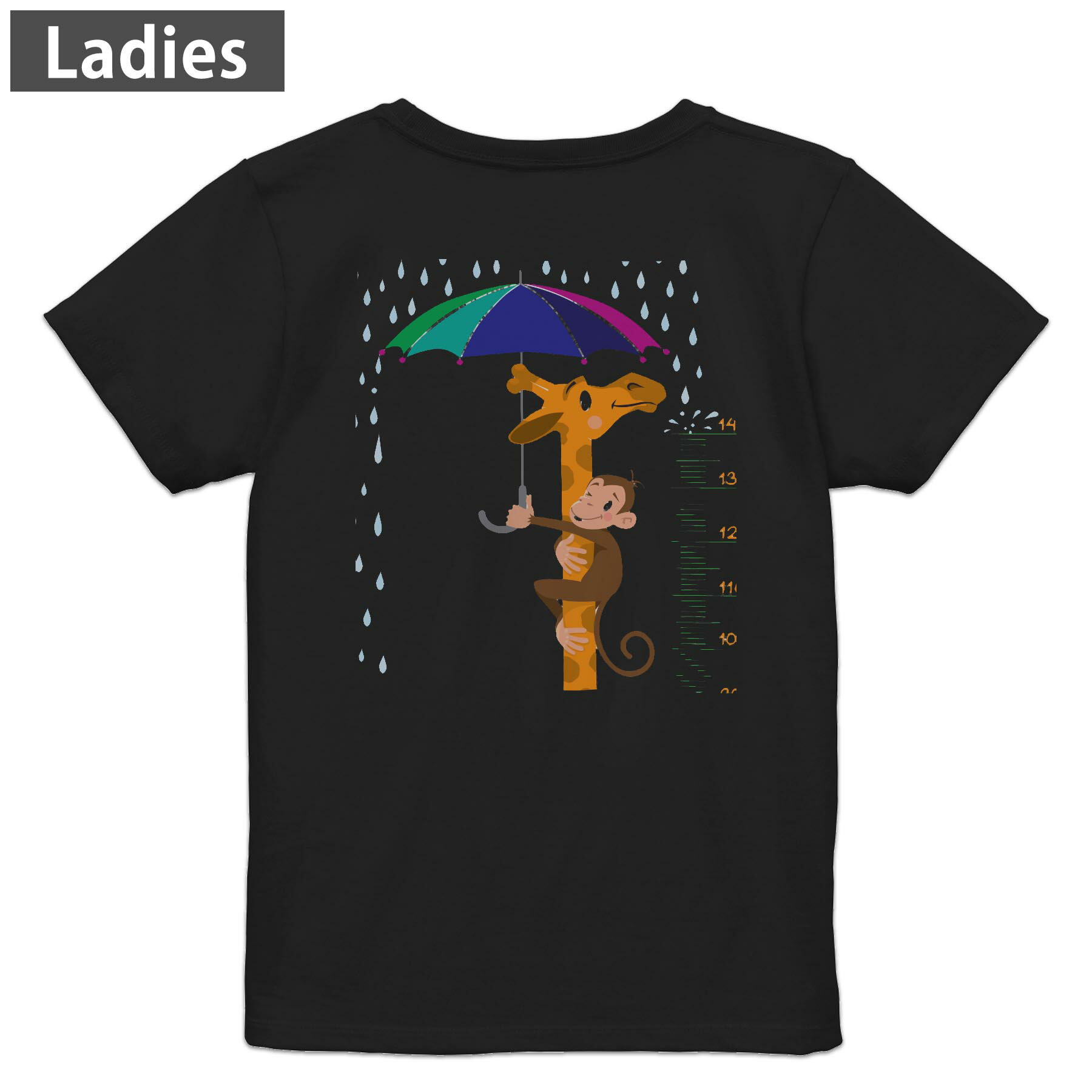Three-Quarter - Tシャツ レディース バックプリント 半袖 ブラック 黒 デザイン M L tシャツ ティーシャツ T shirt 013253 動物　サル　きりん