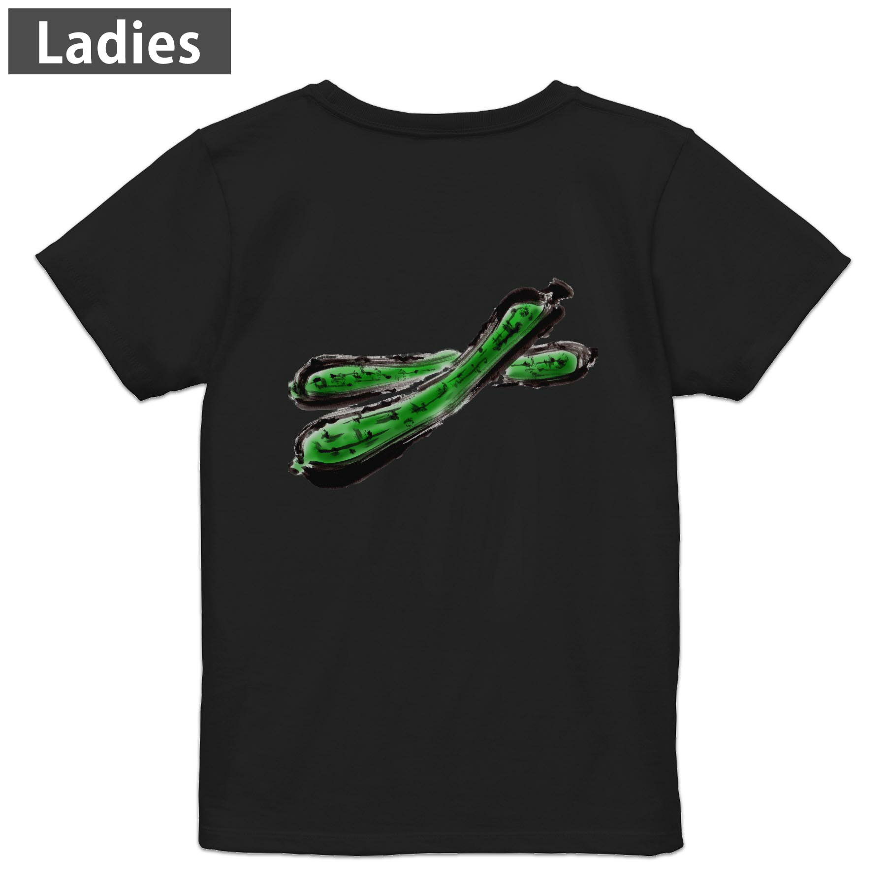 Print - Tシャツ レディース バックプリント 半袖 ブラック 黒 デザイン M L tシャツ ティーシャツ T shirt 013289 食べ物　絵　きゅうり