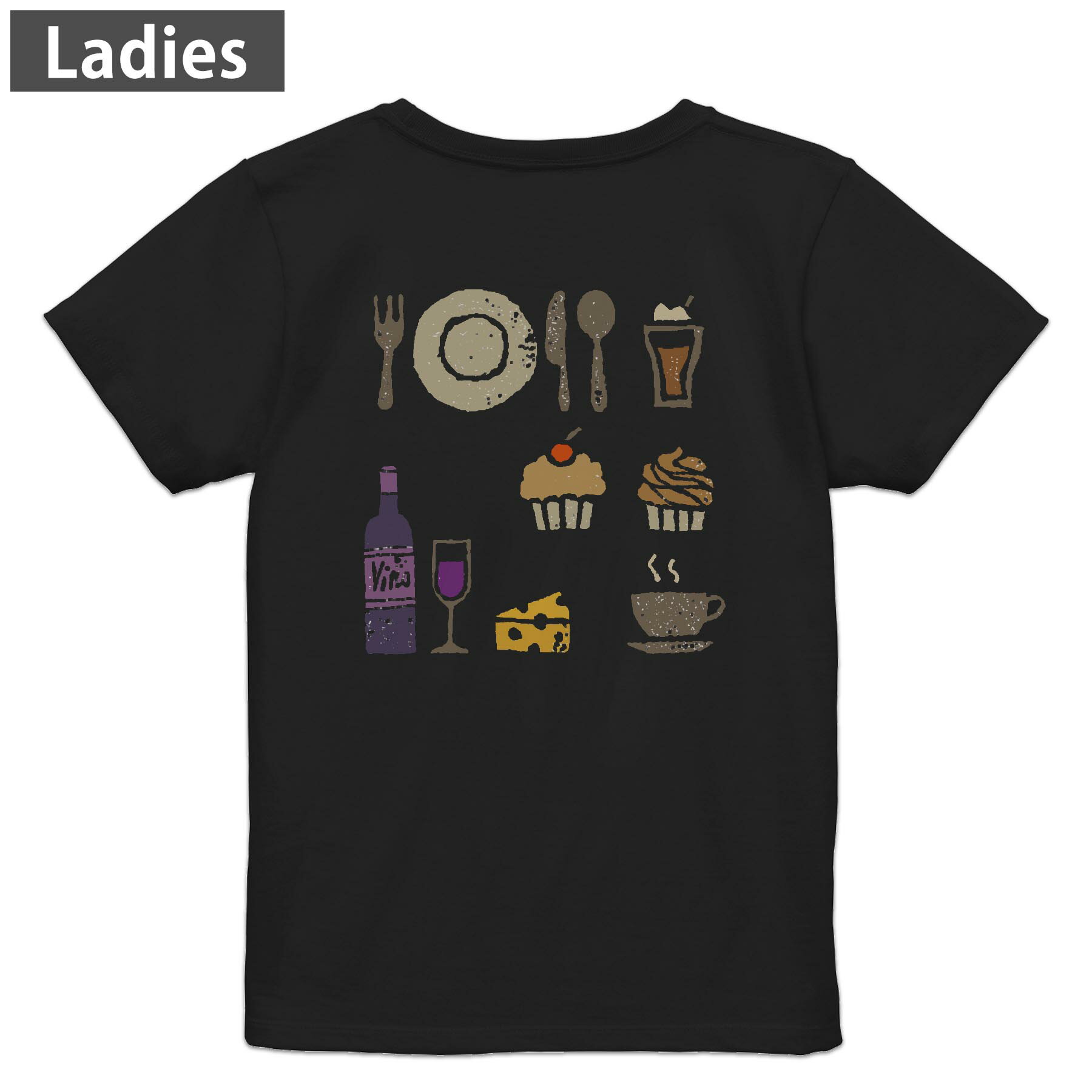 Other - Tシャツ レディース バックプリント 半袖 ブラック 黒 デザイン M L tシャツ ティーシャツ T shirt 013336 ケーキ　ワイン　食べ物