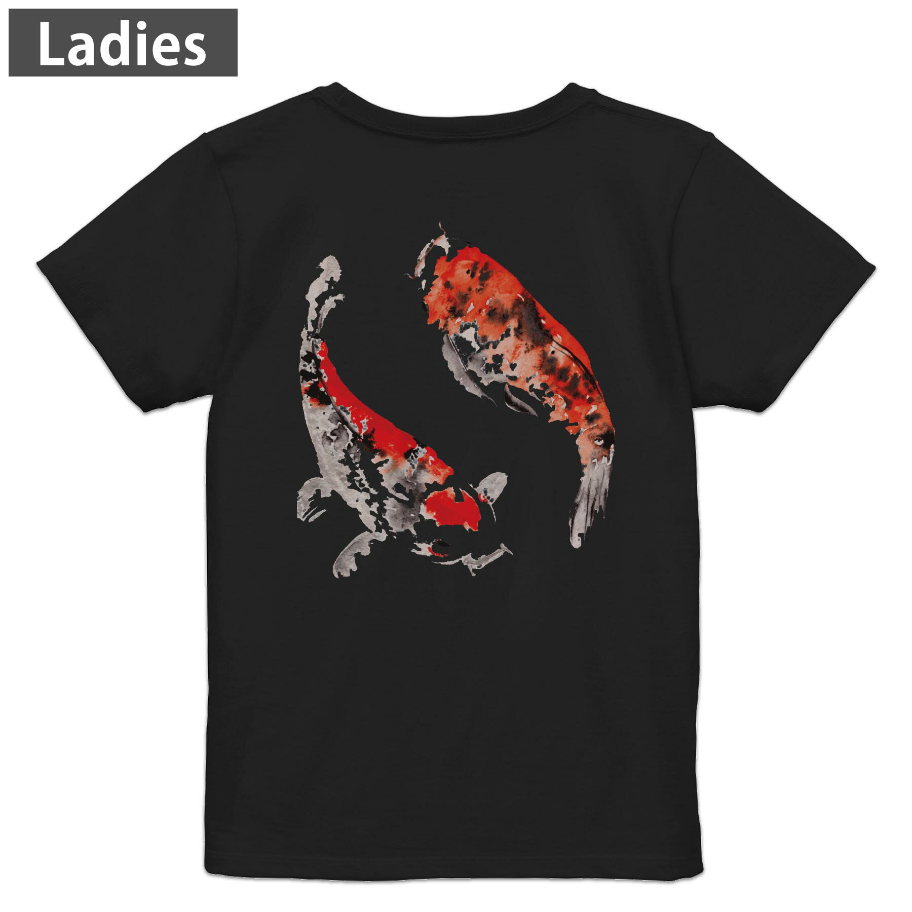 Tシャツ レディース バックプリント 半袖 ブラック 黒 デザイン M L tシャツ ティーシャツ T shirt 013368 鯉 絵 魚