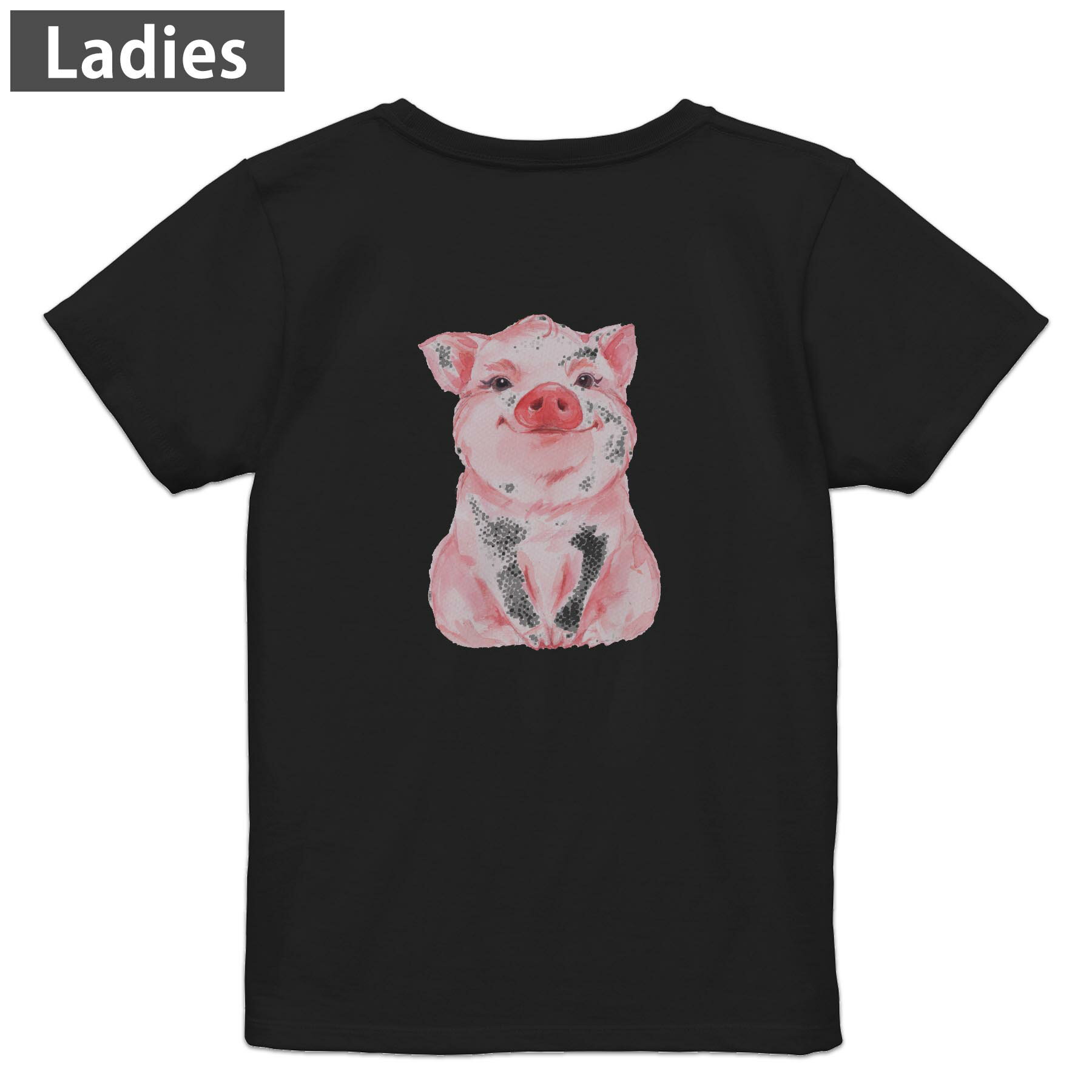 Print - Tシャツ レディース バックプリント 半袖 ブラック 黒 デザイン M L tシャツ ティーシャツ T shirt 013412 豚　動物　イラスト