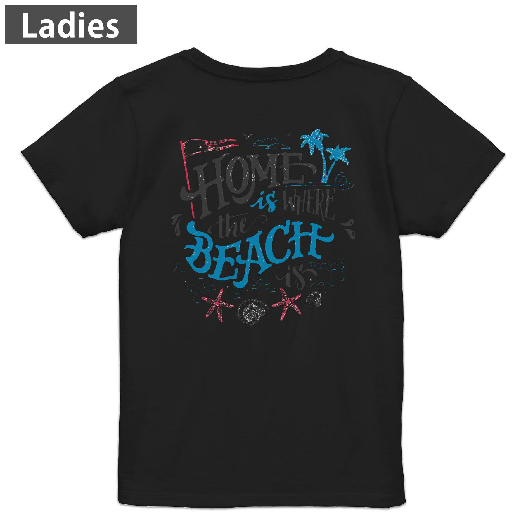 Three-Quarter - Tシャツ レディース バックプリント 半袖 ブラック 黒 デザイン M L tシャツ ティーシャツ T shirt 013510 海　マリン　ビーチ