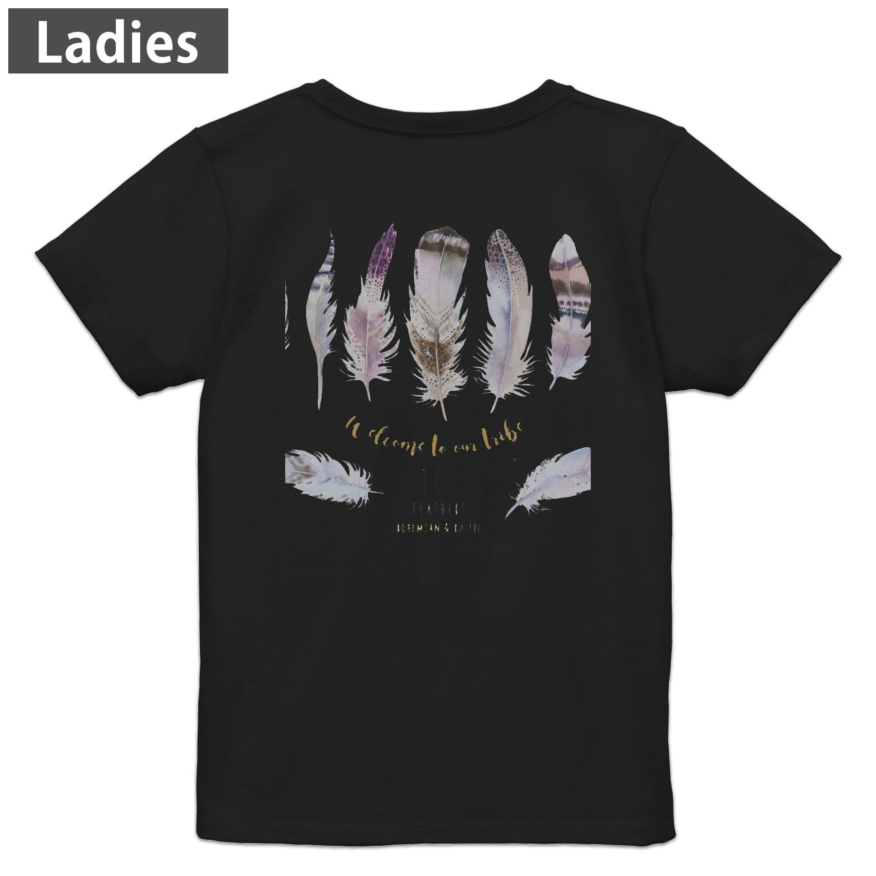 Tシャツ レディース バックプリント 半袖 ブラック 黒 デザイン M L tシャツ ティーシャツ T shirt 013533 羽根 柄