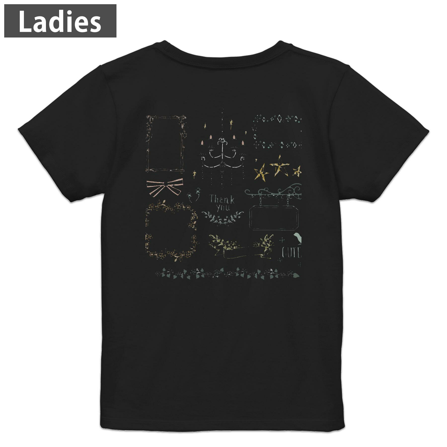 Sport - Tシャツ レディース バックプリント 半袖 ブラック 黒 デザイン M L tシャツ ティーシャツ T shirt 013629 キラキラ　花