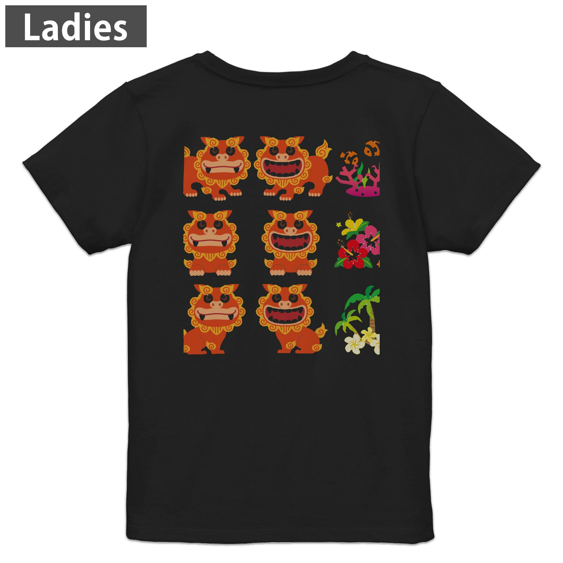 Tシャツ レディース バックプリント 半袖 ブラック 黒 デザイン M L tシャツ ティーシャツ T shirt 013765 シーサー 沖縄 ハイビスカス