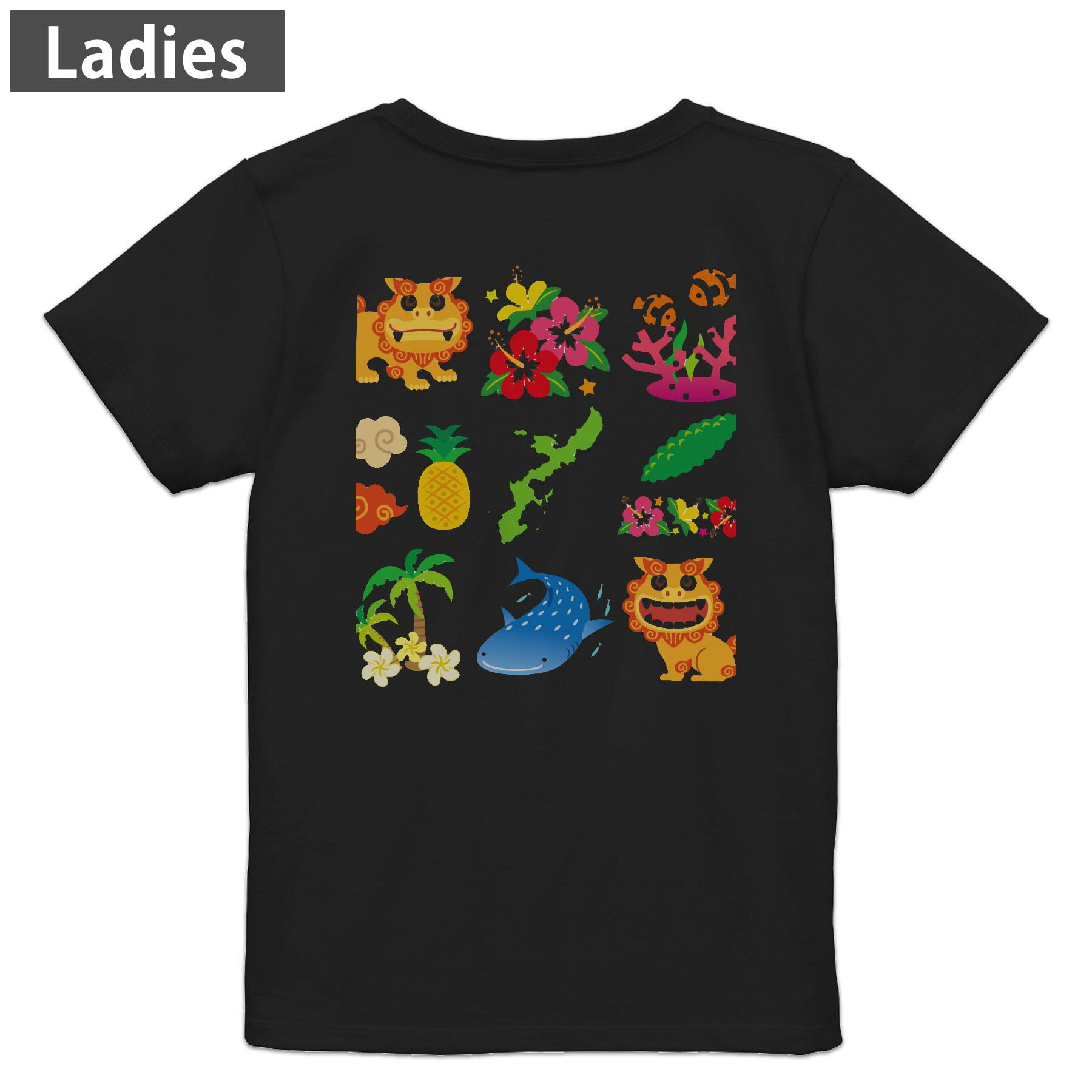 Tシャツ レディース バックプリント 半袖 ブラック 黒 デザイン M L tシャツ ティーシャツ T shirt 013766 シーサー 沖縄 ハイビスカス