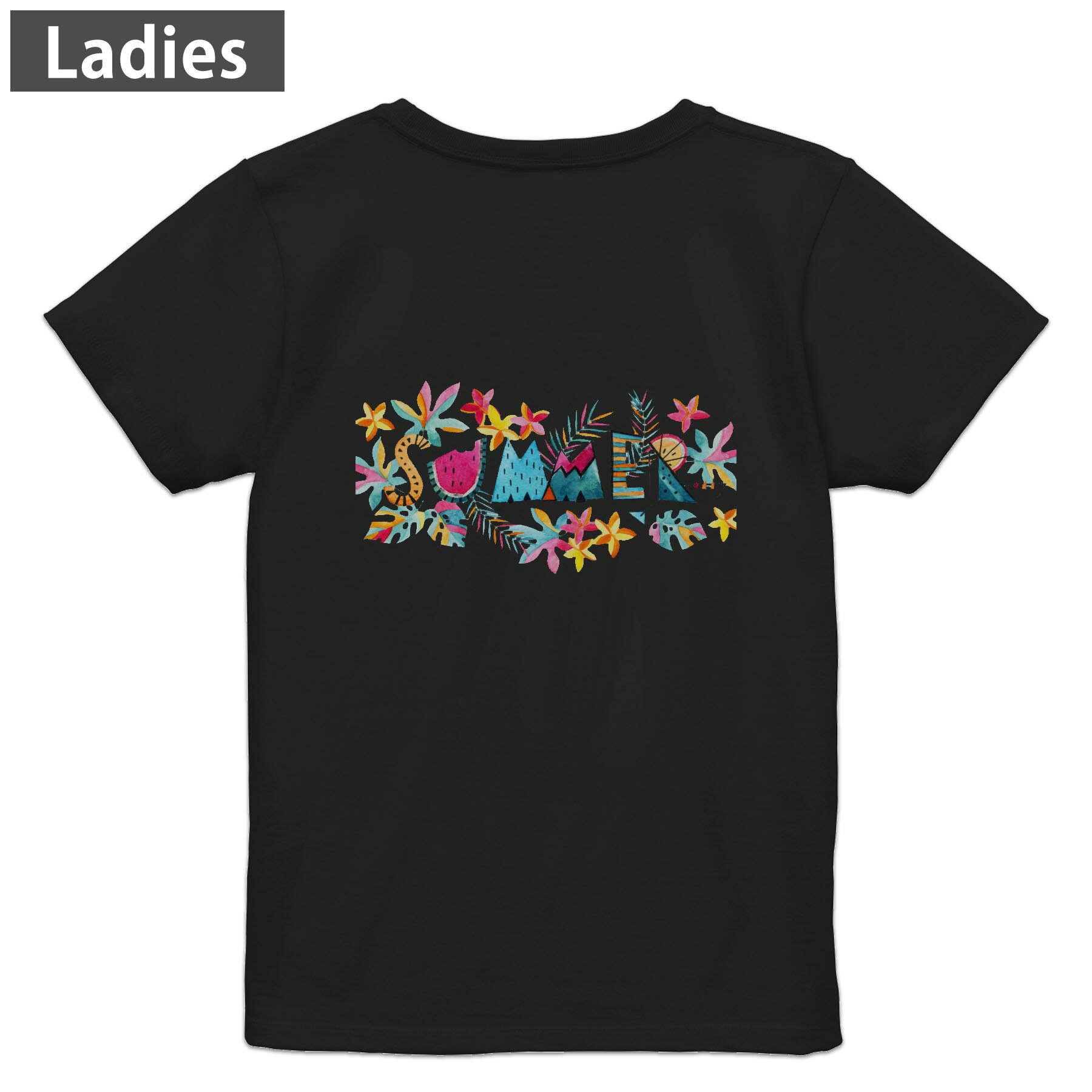 Tシャツ レディース バックプリント 半袖 ブラック 黒 デザイン M L tシャツ ティーシャツ T shirt 014053 スイカ　　トロピカル