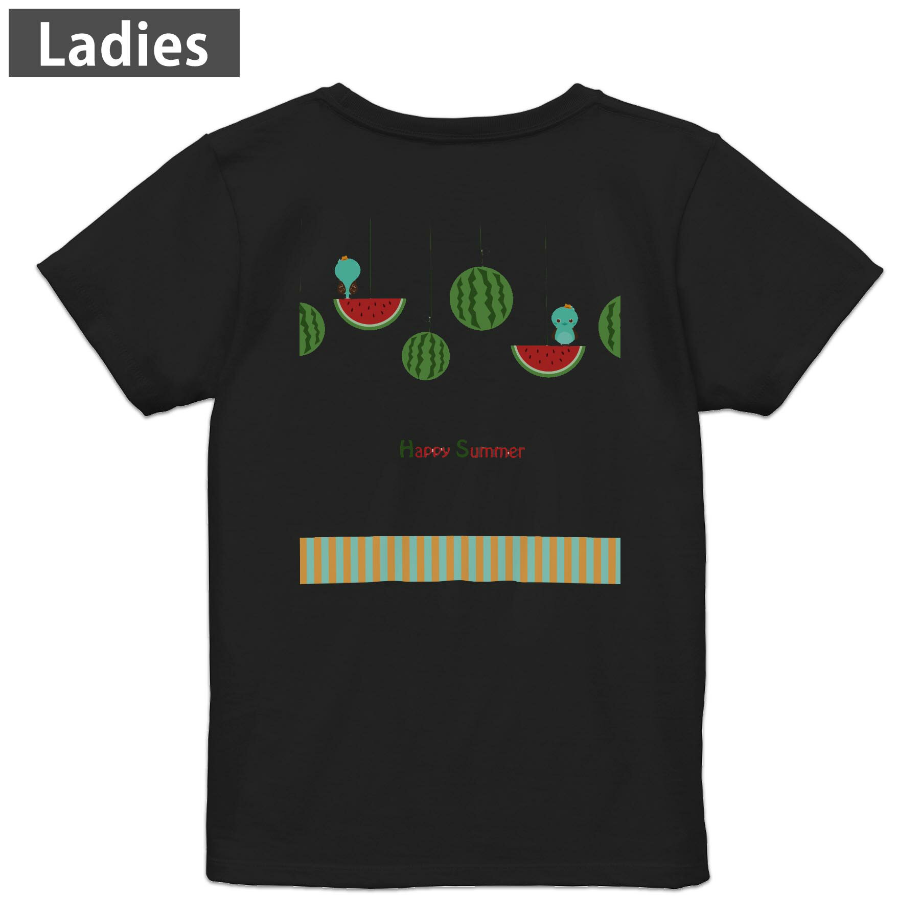 Tシャツ レディース バックプリント 半袖 ブラック 黒 デザイン M L tシャツ ティーシャツ T shirt 014100 夏 スイカ 鳥