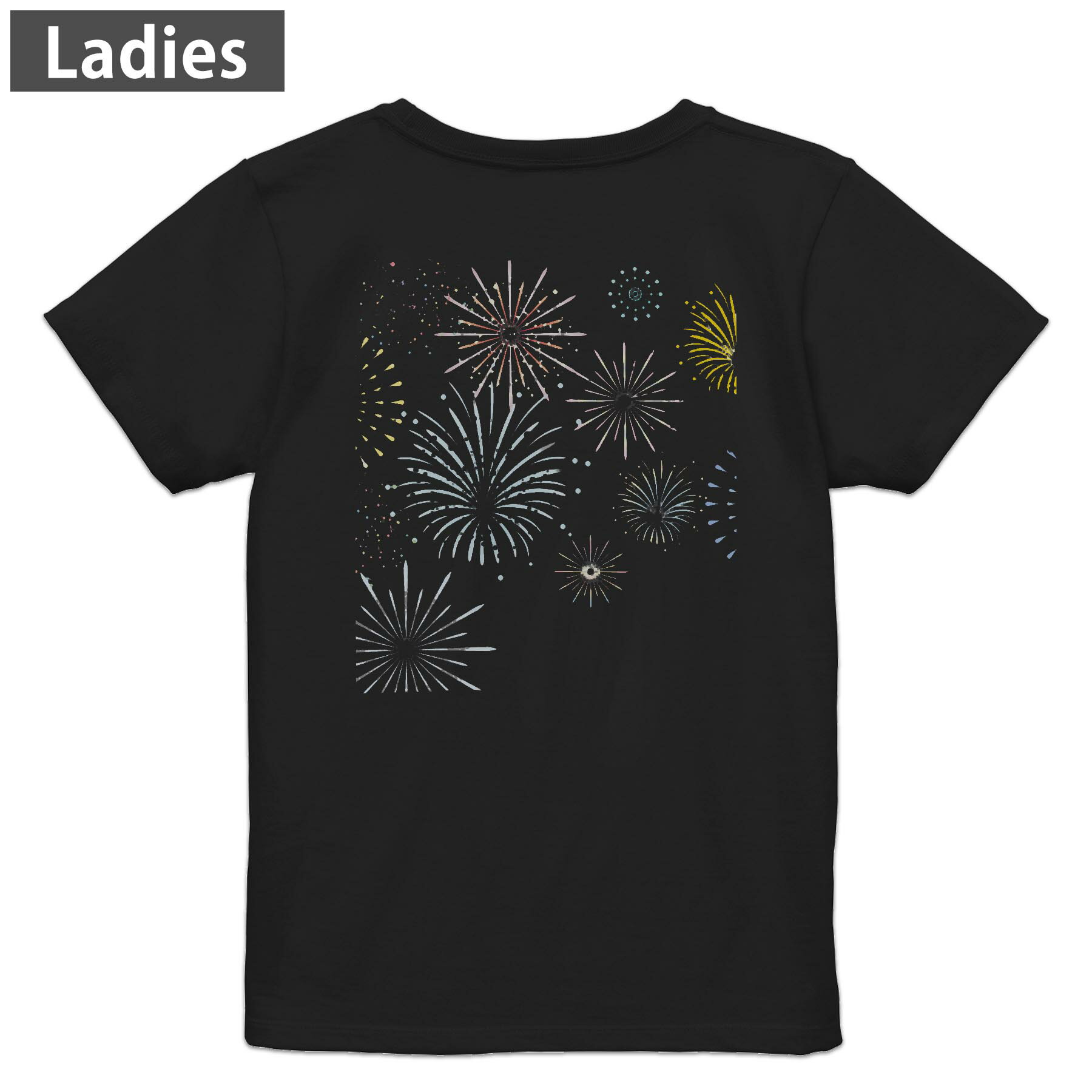 Tシャツ レディース バックプリント 半袖 ブラック 黒 デザイン M L tシャツ ティーシャツ T shirt 014196 花火 カラフル