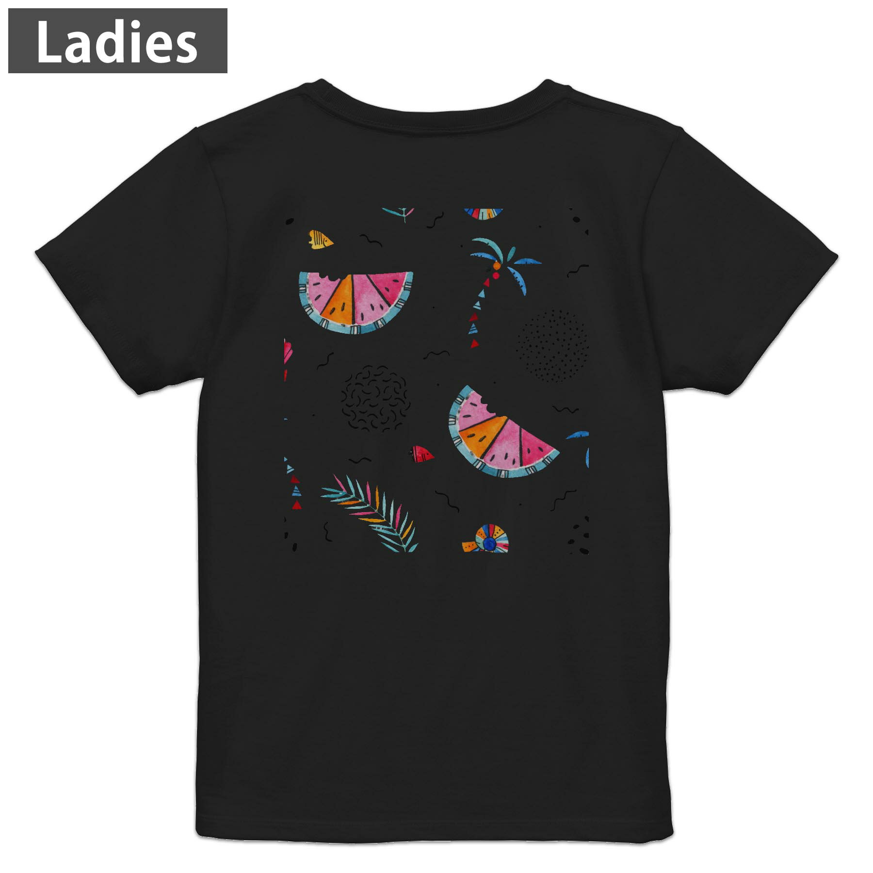 Tシャツ レディース バックプリント 半袖 ブラック 黒 デザイン M L tシャツ ティーシャツ T shirt 014344 ヤシの木　スイカ　トロピカル