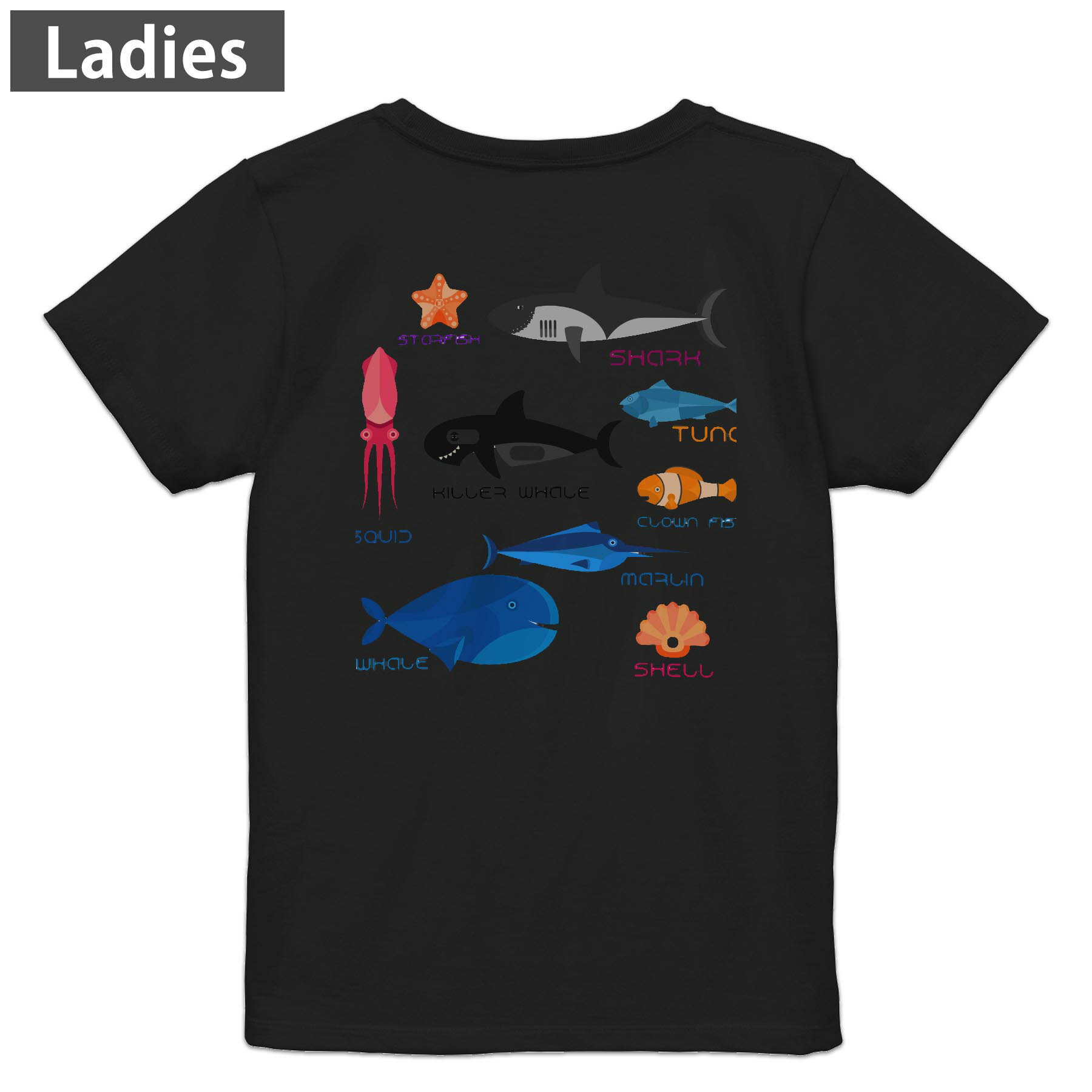 Tシャツ レディース バックプリント 半袖 ブラック 黒 デザイン M L tシャツ ティーシャツ T shirt 014505 海 生き物 貝殻