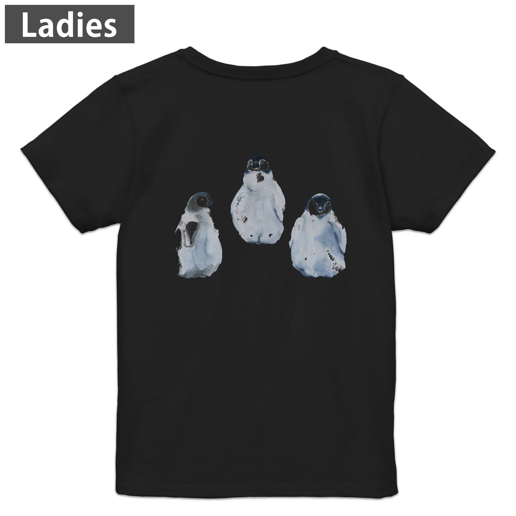 Print - Tシャツ レディース バックプリント 半袖 ブラック 黒 デザイン M L tシャツ ティーシャツ T shirt 014775 ペンギン　かわいい　動物