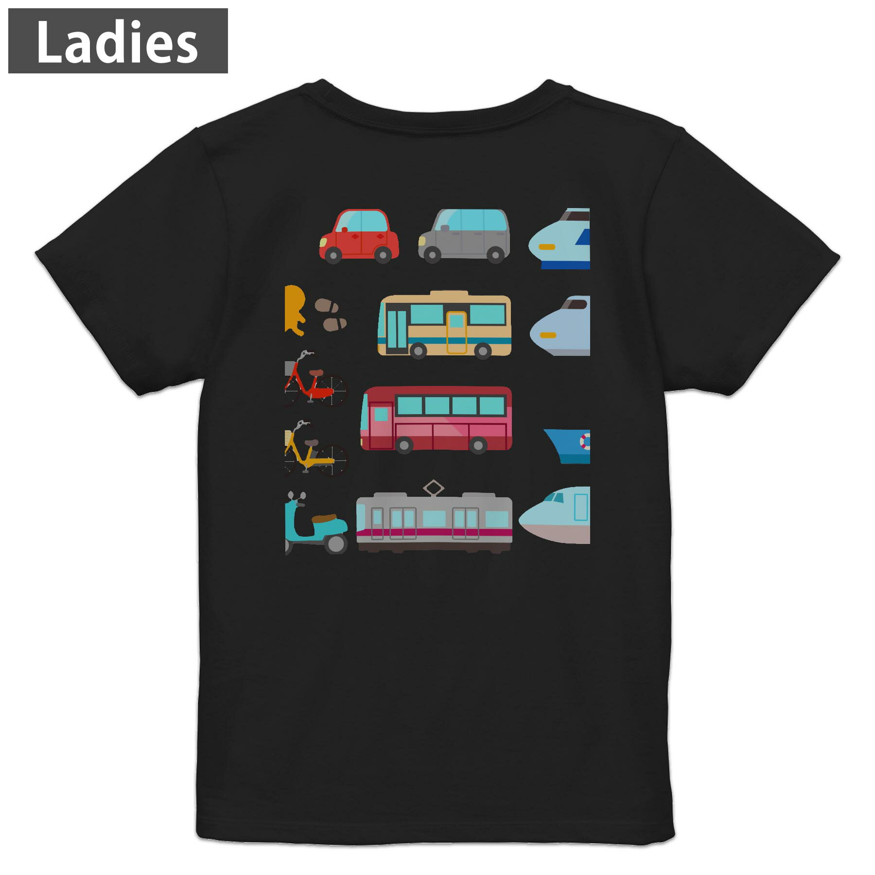 Tシャツ レディース バックプリント 半袖 ブラック 黒 デザイン M L tシャツ ティーシャツ T shirt 014913 乗り物　車　新幹線