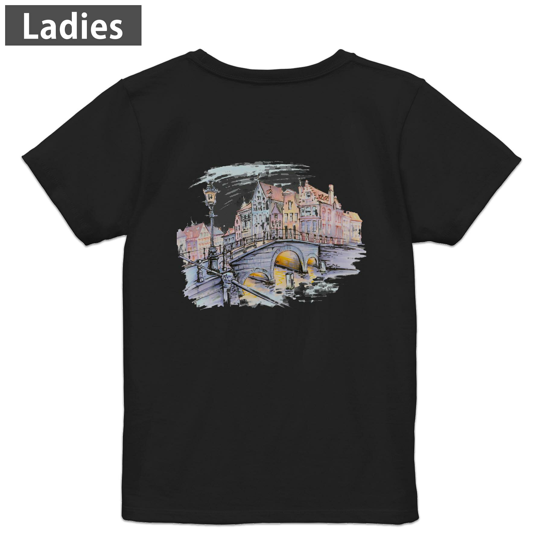 Tシャツ レディース バックプリント 半袖 ブラック 黒 デザイン M L tシャツ ティーシャツ T shirt 014927 手描き　街　おしゃれ