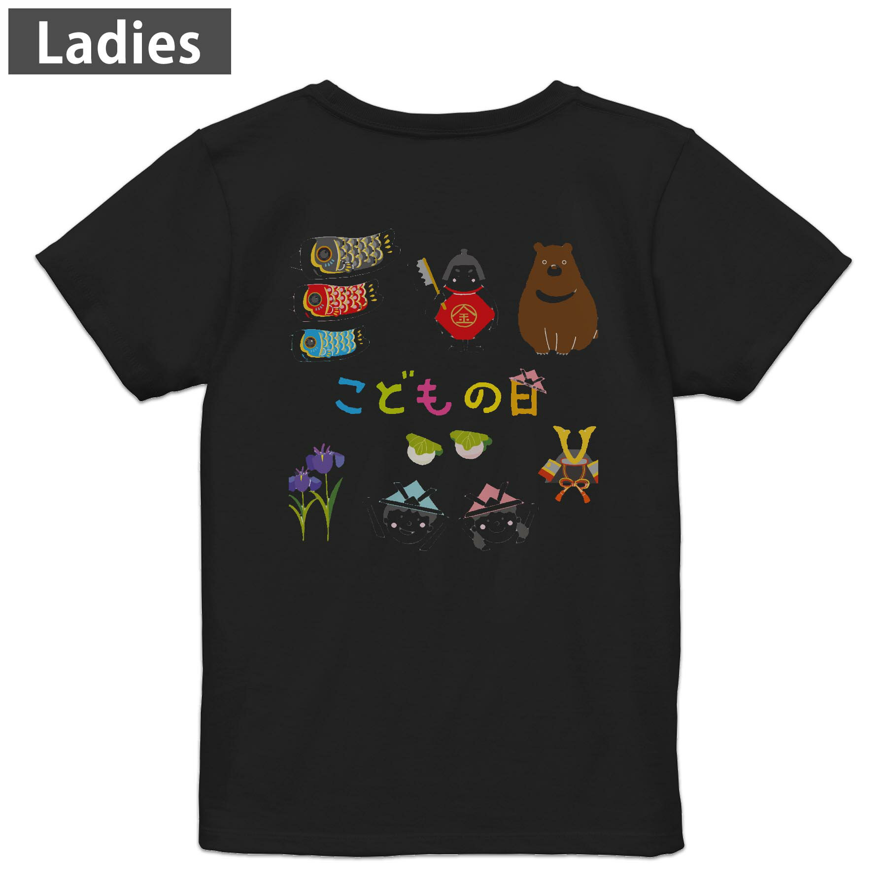 Tシャツ レディース バックプリント 半袖 ブラック 黒 デザイン M L tシャツ ティーシャツ T shirt 015270 こどもの日　鯉のぼり　兜　熊