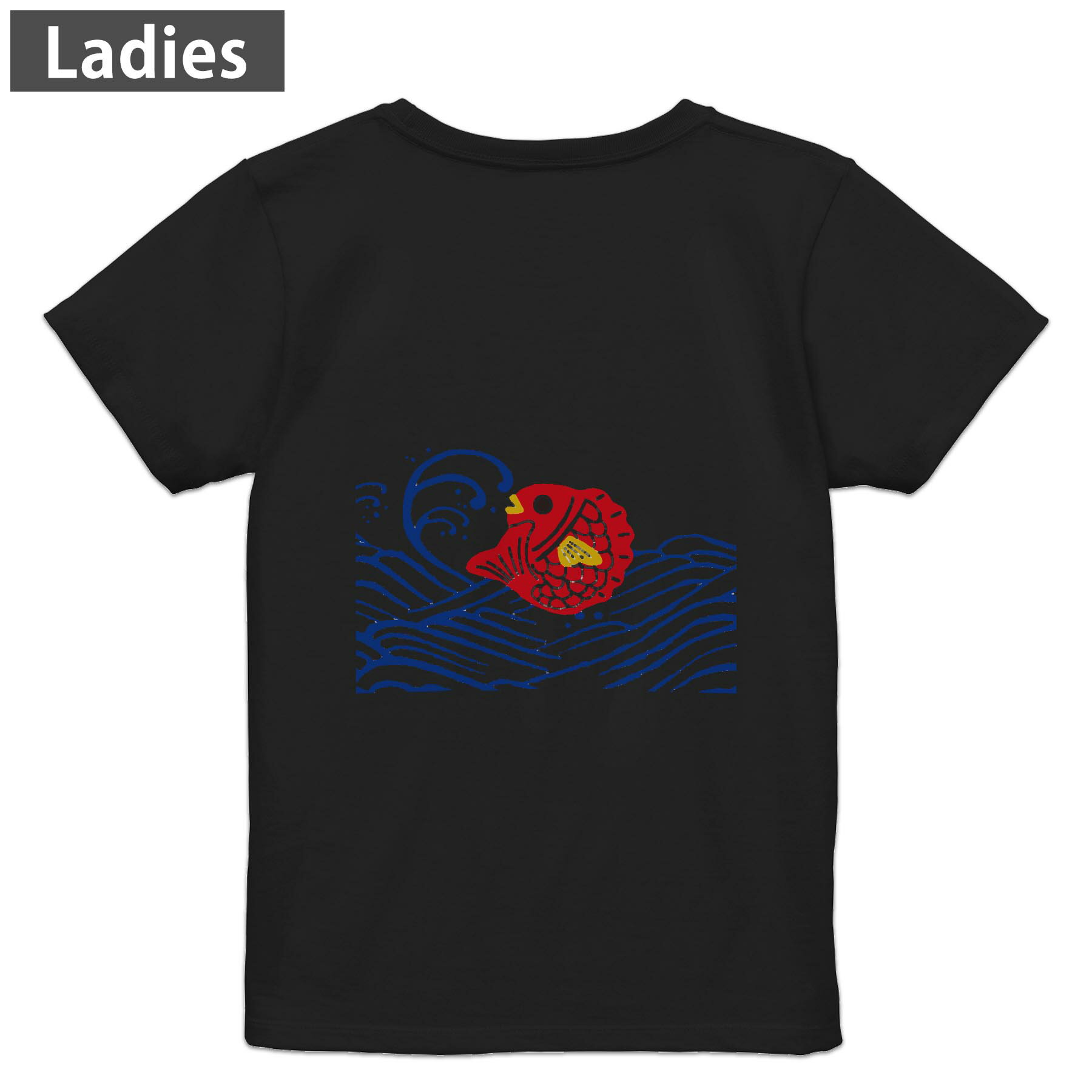 Print - Tシャツ レディース バックプリント 半袖 ブラック 黒 デザイン M L tシャツ ティーシャツ T shirt 015289 海　波　鯛　鯉　絵