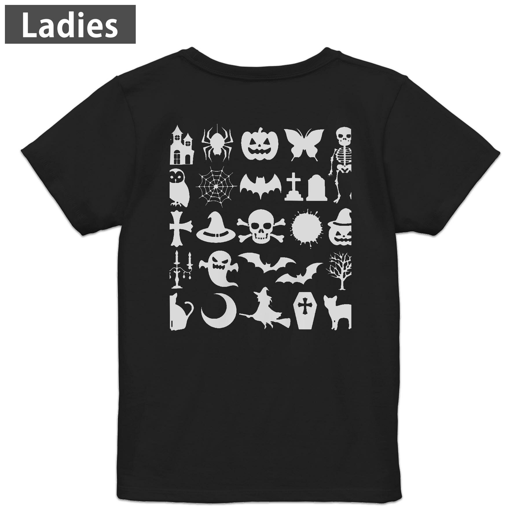 Print - Tシャツ レディース バックプリント 半袖 ブラック 黒 デザイン M L tシャツ ティーシャツ T shirt 015354 ハロウィン　モノクロ　がいこつ　カボチャ