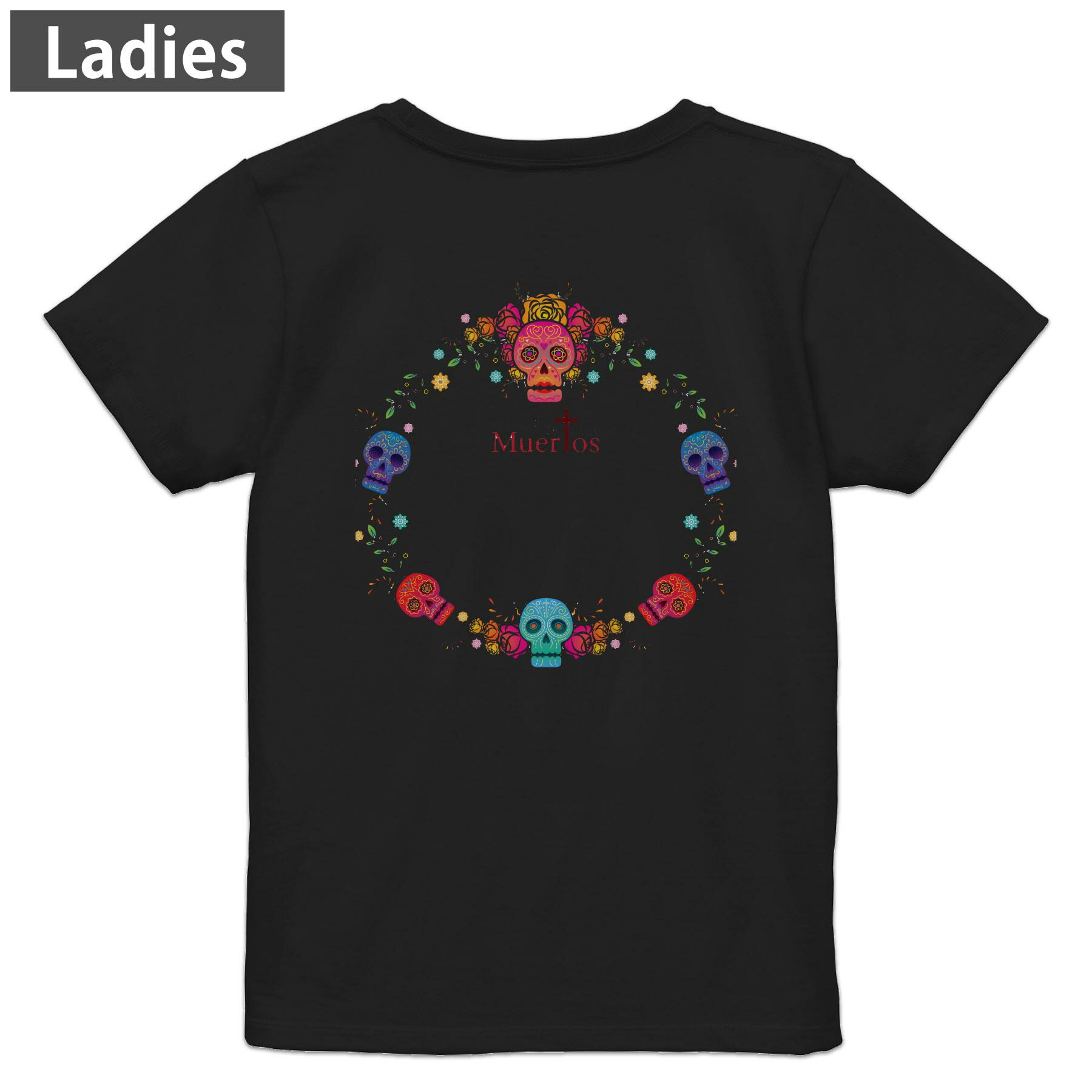Three-Quarter - Tシャツ レディース バックプリント 半袖 ブラック 黒 デザイン M L tシャツ ティーシャツ T shirt 015452 骸骨　スカル　カラフル