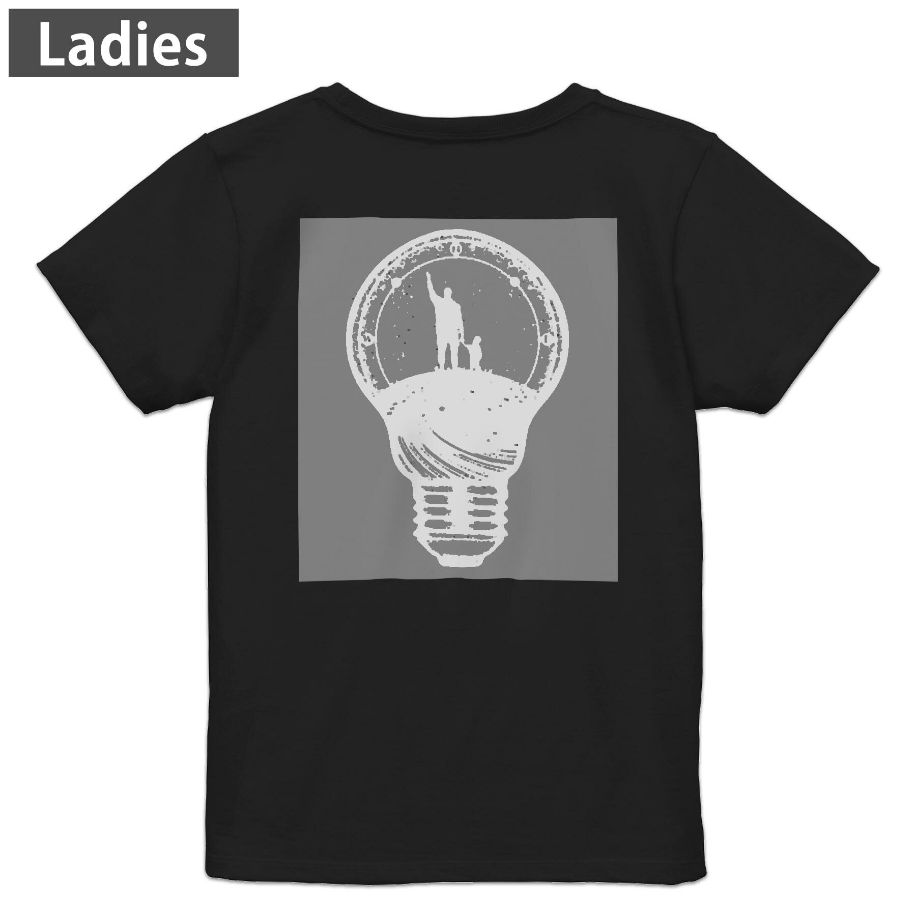T-Shirts - Tシャツ レディース バックプリント 半袖 ブラック 黒 デザイン M L tシャツ ティーシャツ T shirt 015520 電球　人間　モノクロ