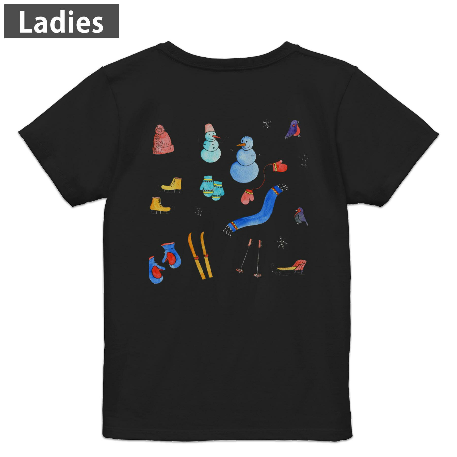 Print - Tシャツ レディース バックプリント 半袖 ブラック 黒 デザイン M L tシャツ ティーシャツ T shirt 015551 雪　雪だるま　スキー　冬