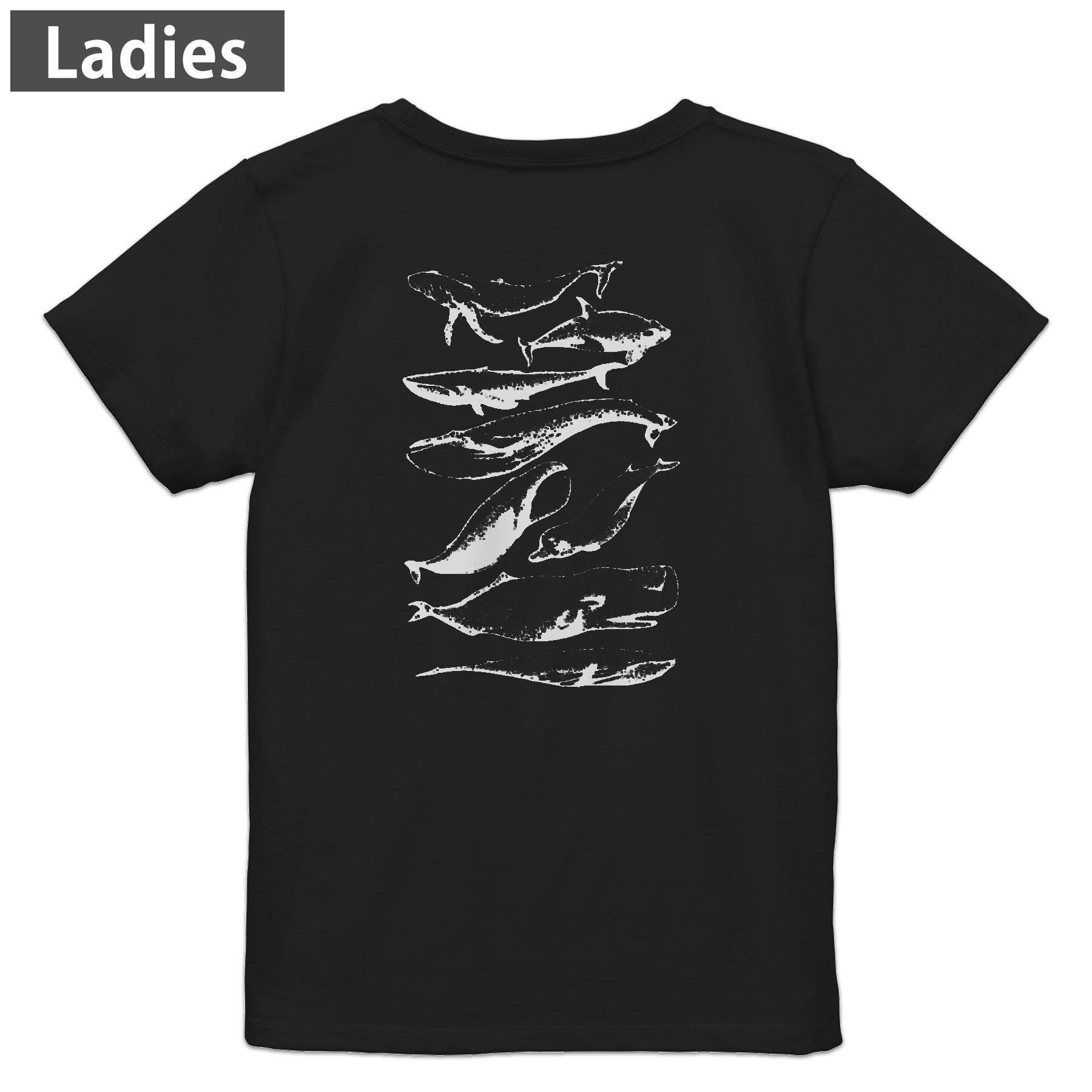 Tシャツ レディース バックプリント 半袖 ブラック 黒 デザイン M L tシャツ ティーシャツ T shirt 015827 魚　海　くじら　シャチ(4.0)