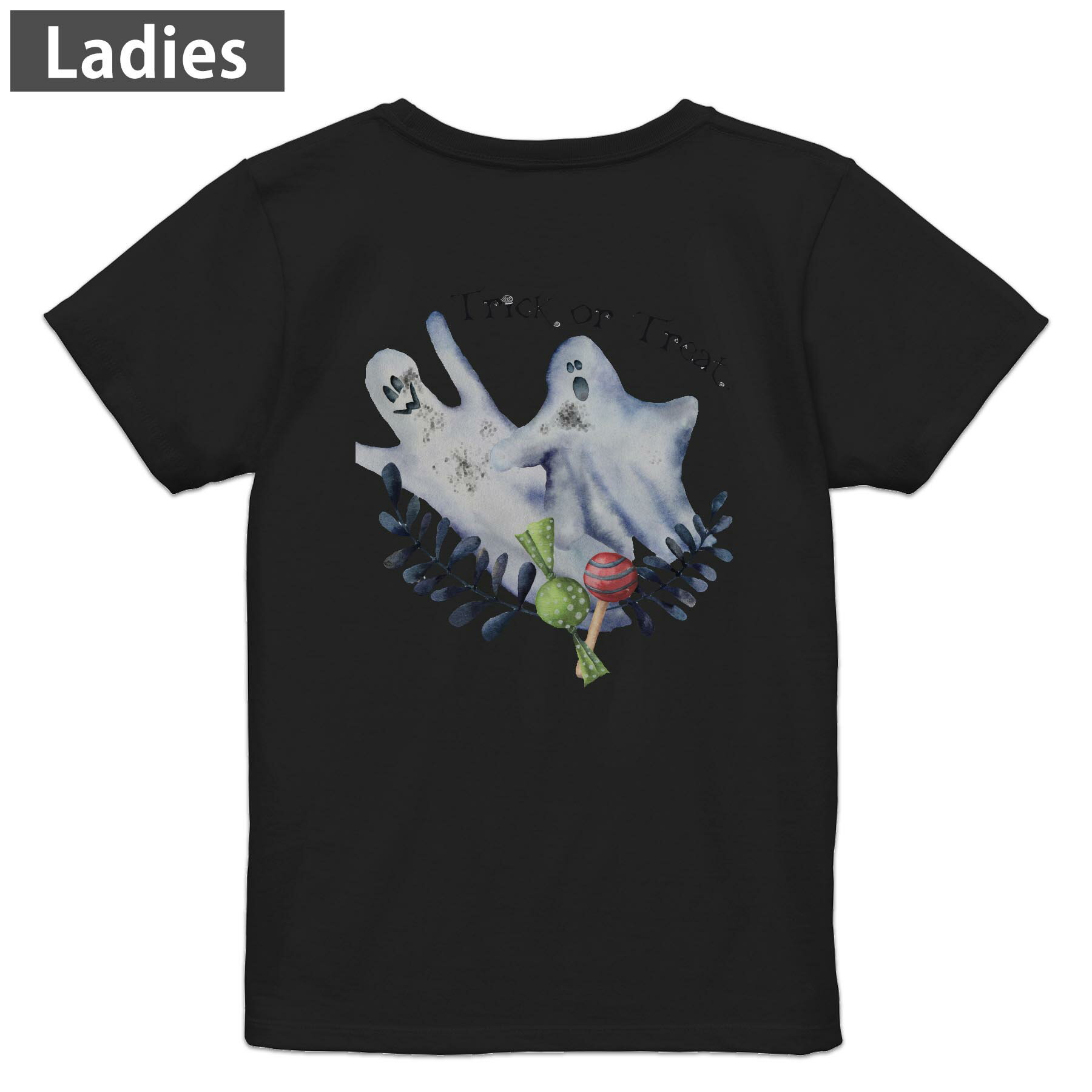 Tシャツ レディース バックプリント 半袖 ブラック 黒 デザイン M L tシャツ ティーシャツ T shirt 015840 ハロウィン　おばけ　halloween