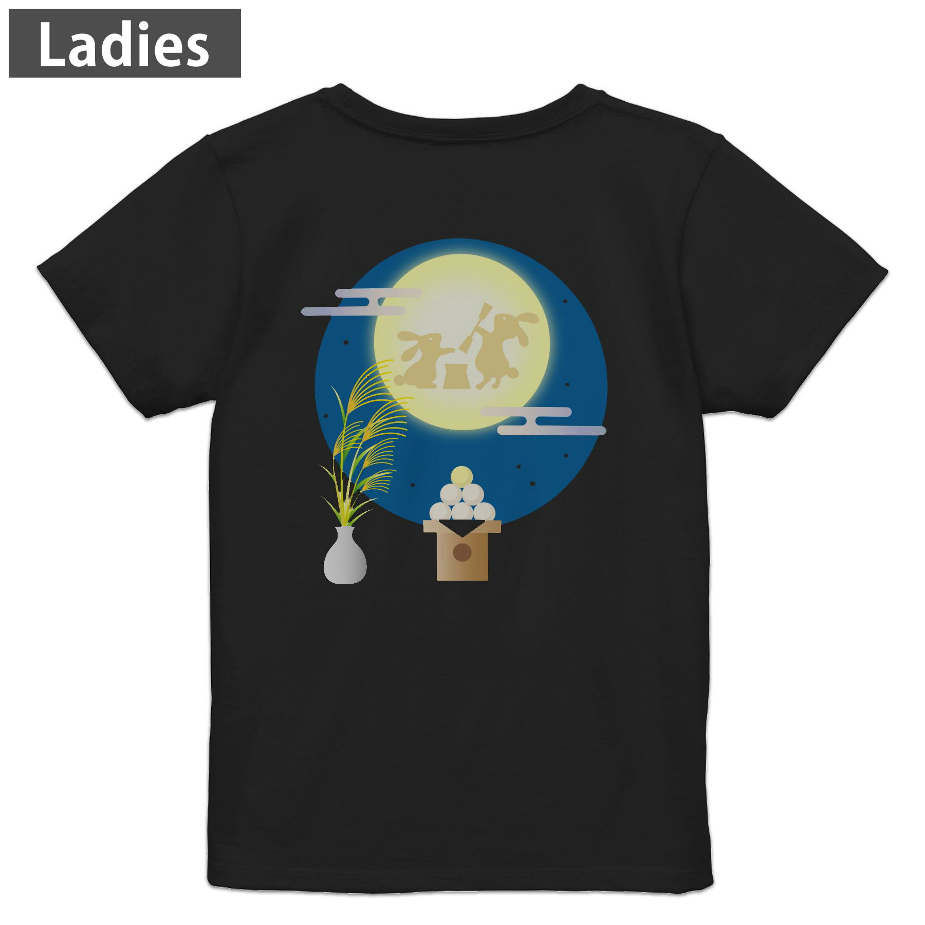 Tシャツ レディース バックプリント 半袖 ブラック 黒 デザイン M L tシャツ ティーシャツ T shirt 015859 お月見 うさぎ 秋