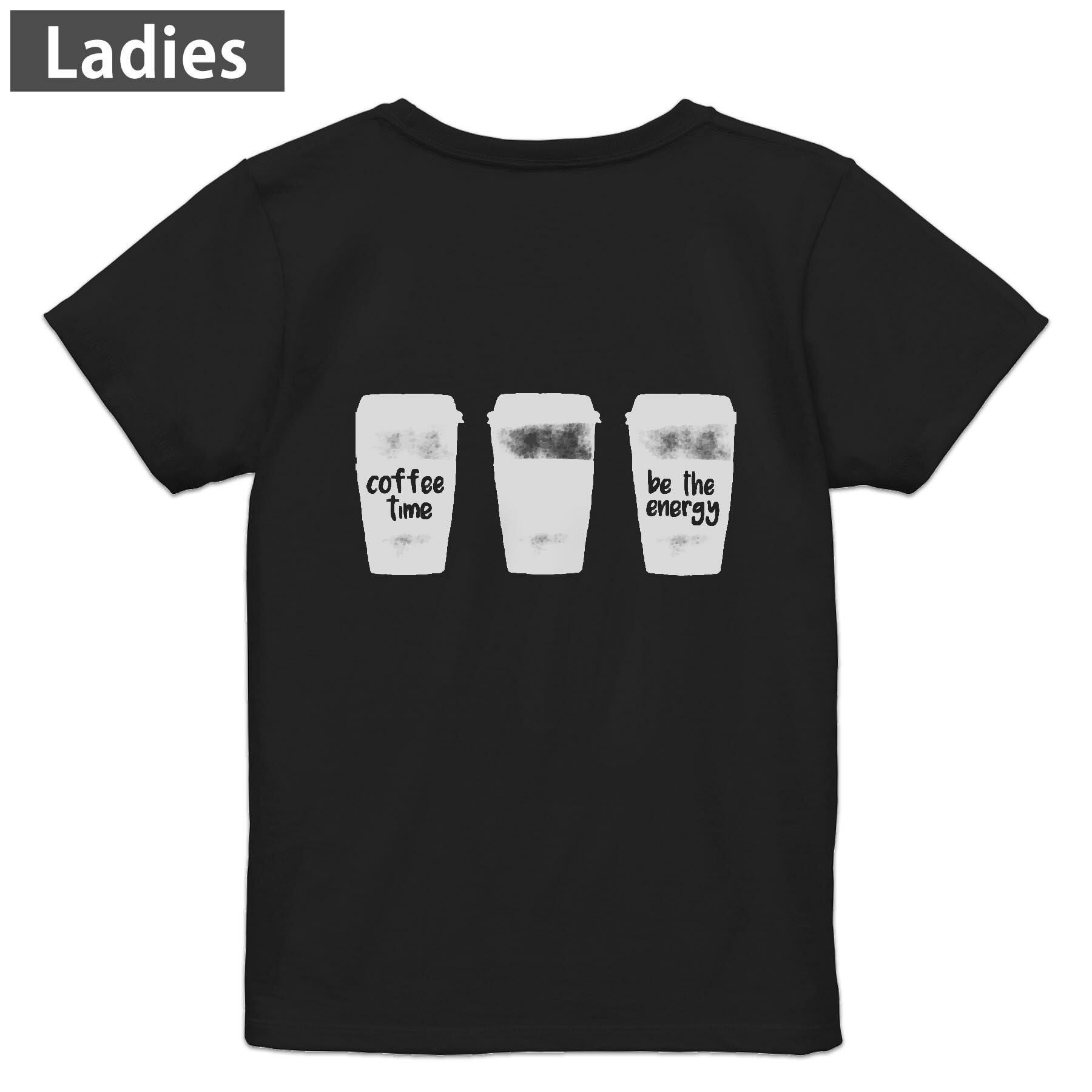Print - Tシャツ レディース バックプリント 半袖 ブラック 黒 デザイン M L tシャツ ティーシャツ T shirt 015917 コーヒー　カフェ　カフェラテ