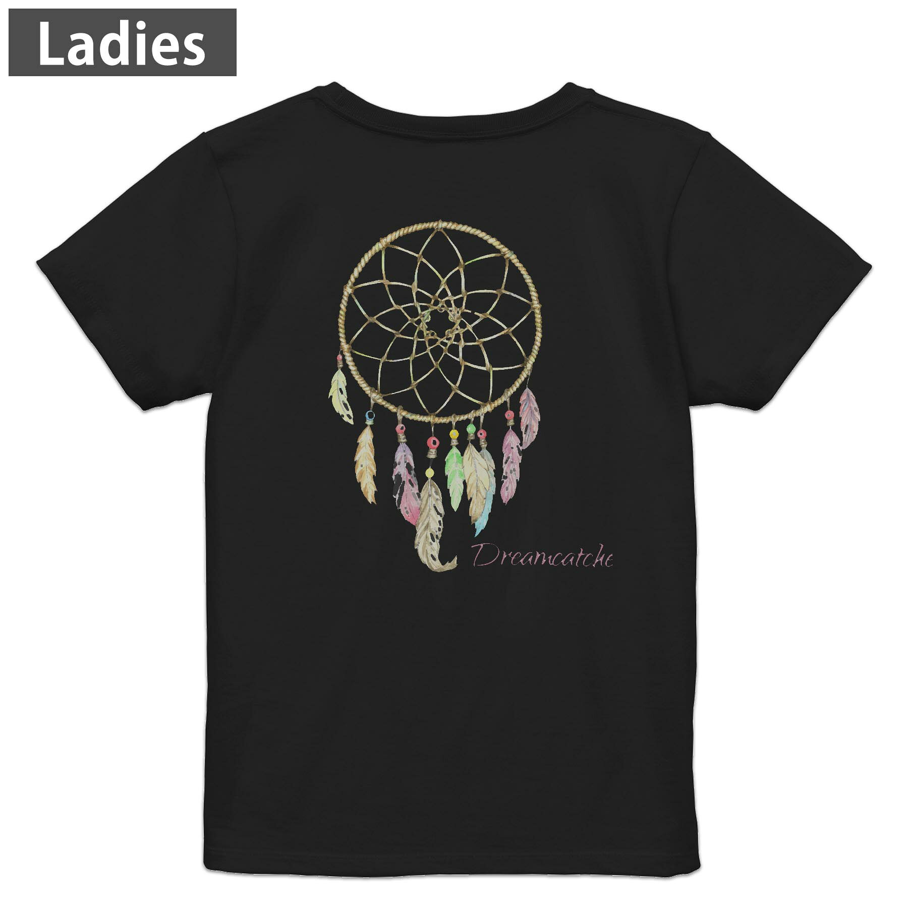 Tシャツ レディース バックプリント 半袖 ブラック 黒 デザイン M L tシャツ ティーシャツ T shirt 016057 ドリームキャッチャー　羽　カラフル