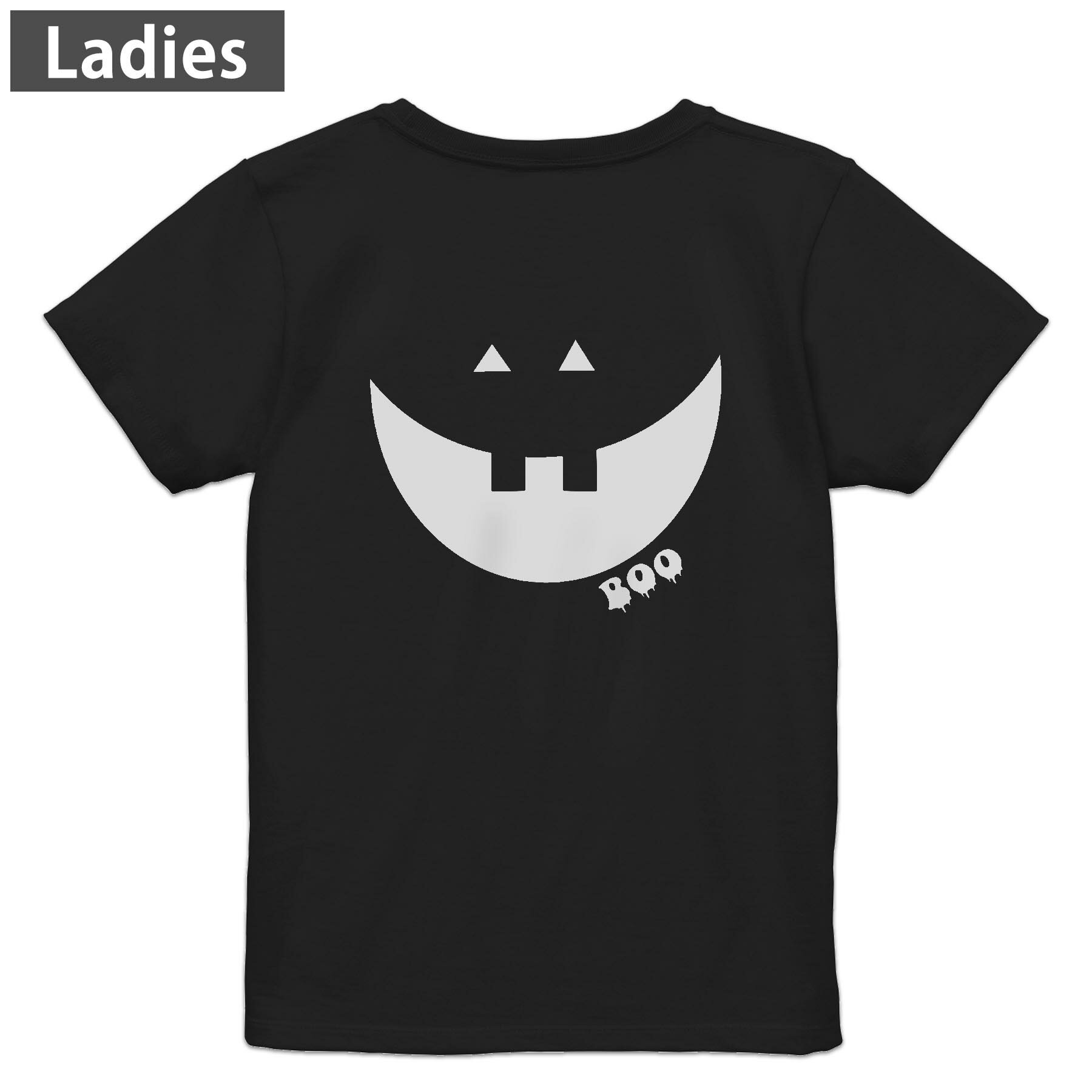 Tシャツ レディース バックプリント 半袖 ブラック 黒 デザイン M L tシャツ ティーシャツ T shirt 017454 顔　かぼちゃ　パンプキン