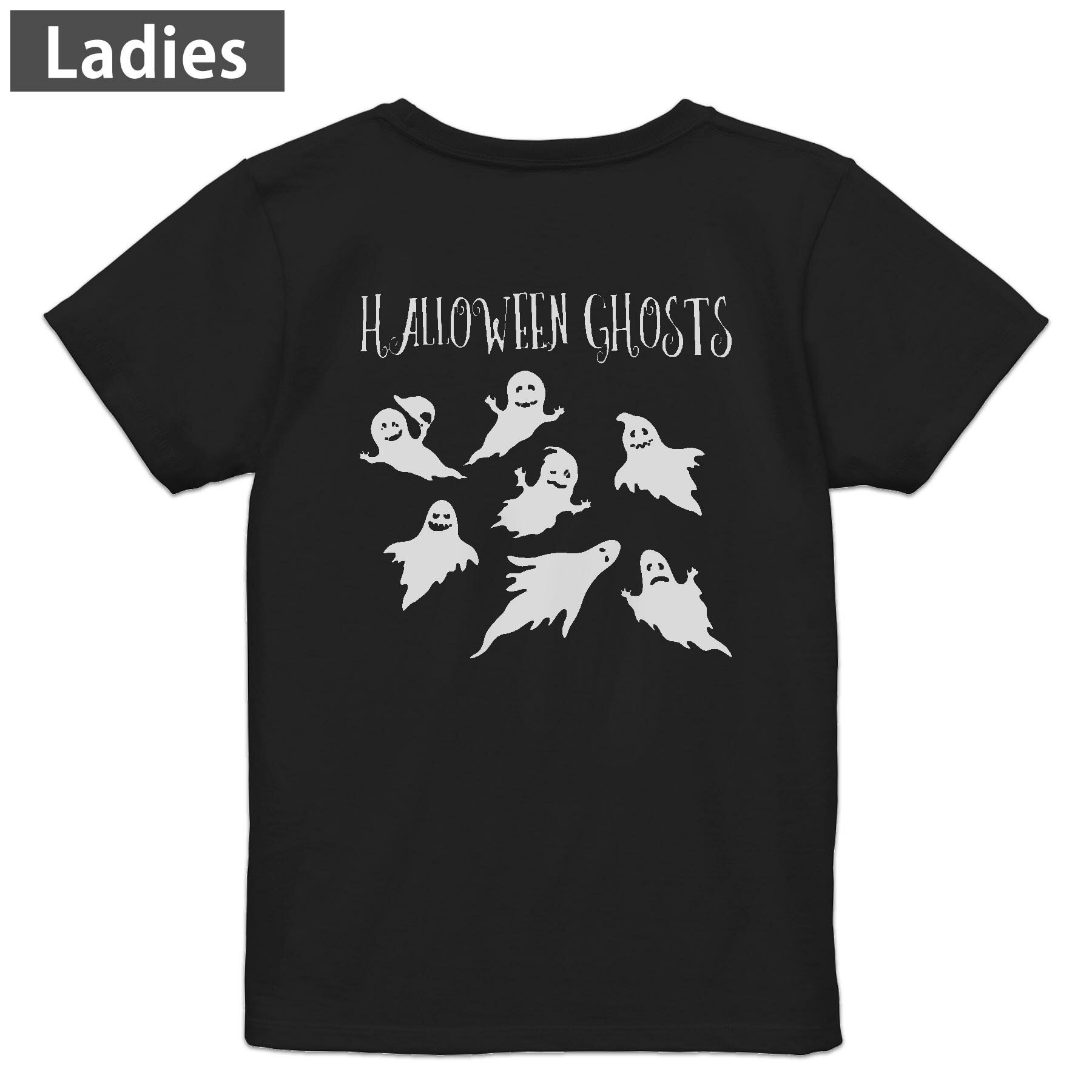 Tシャツ レディース バックプリント 半袖 ブラック 黒 デザイン M L tシャツ ティーシャツ T shirt 017459 おばけ　黒　モノトーン