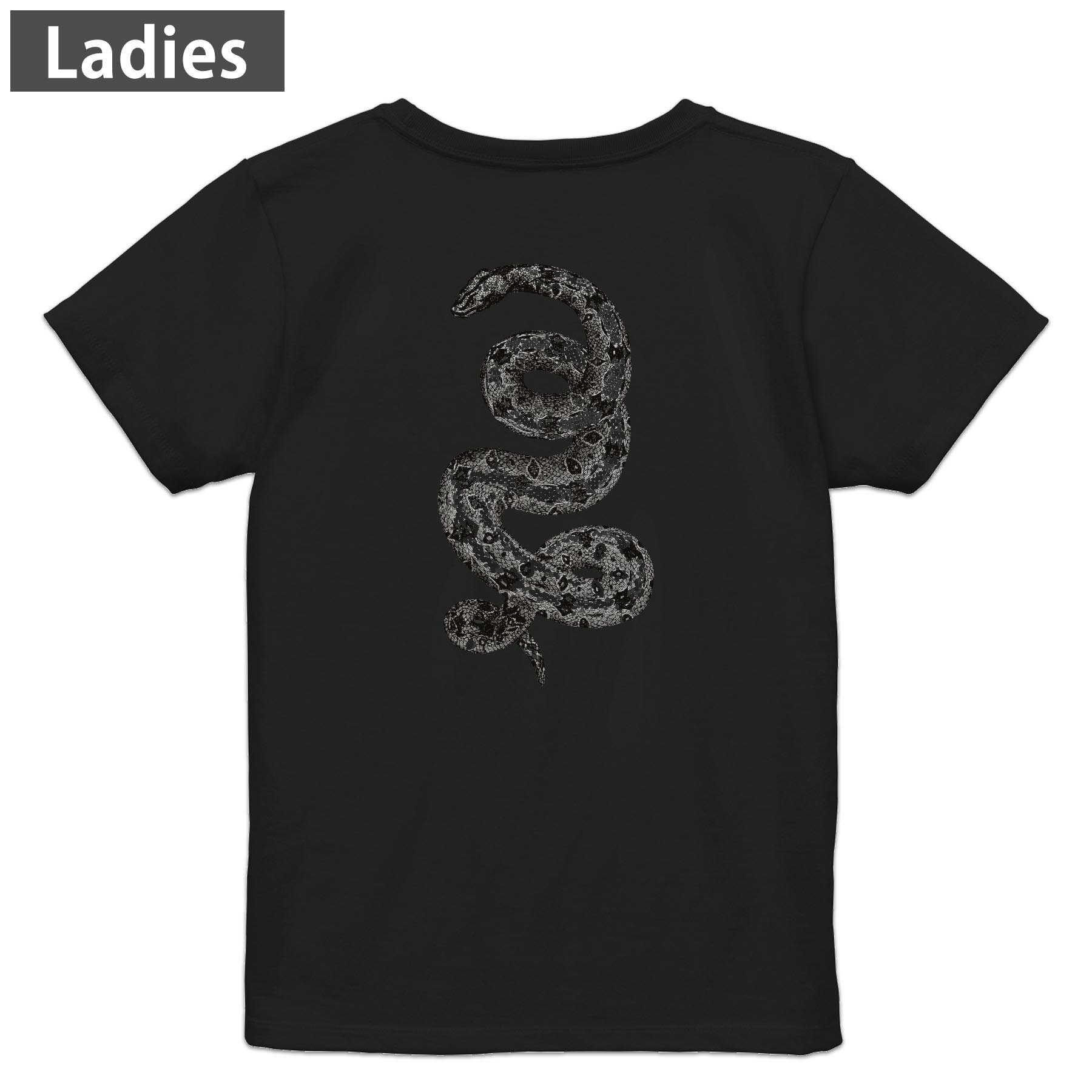 Tシャツ レディース バックプリント 半袖 ブラック 黒 デザイン M L tシャツ ティーシャツ T shirt 017492 リアル　蛇　ヘビ