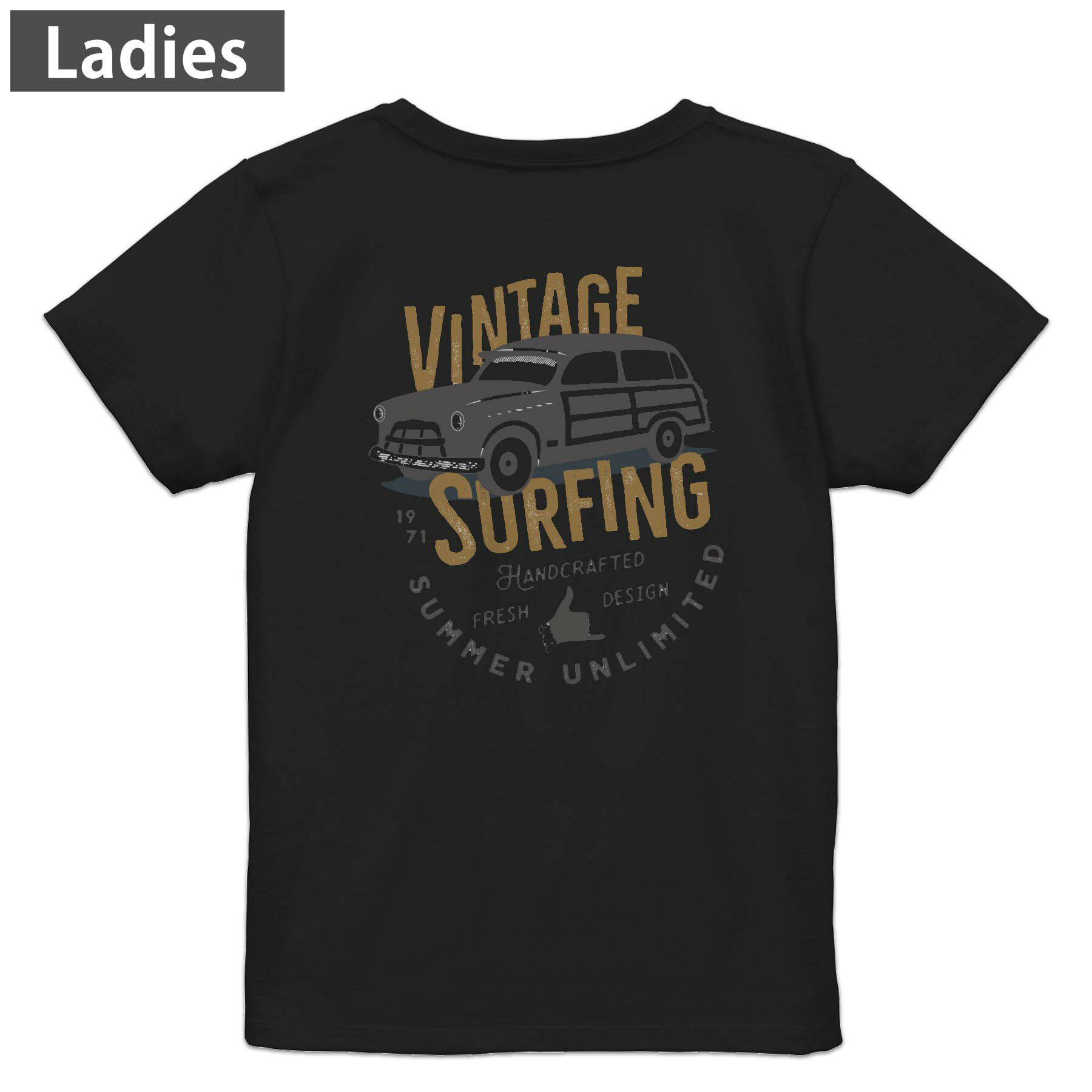 T-Shirts - Tシャツ レディース バックプリント 半袖 ブラック 黒 デザイン M L tシャツ ティーシャツ T shirt 017528 車　ヴィンテージ　レトロ