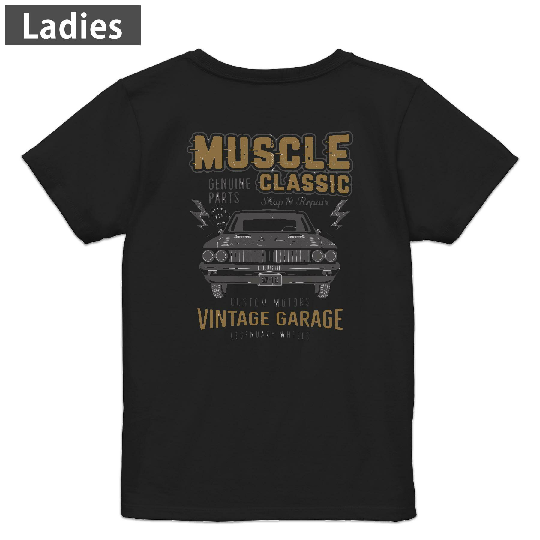 Tシャツ レディース バックプリント 半袖 ブラック 黒 デザイン M L tシャツ ティーシャツ T shirt 017531 車　ヴィンテージ　レトロ
