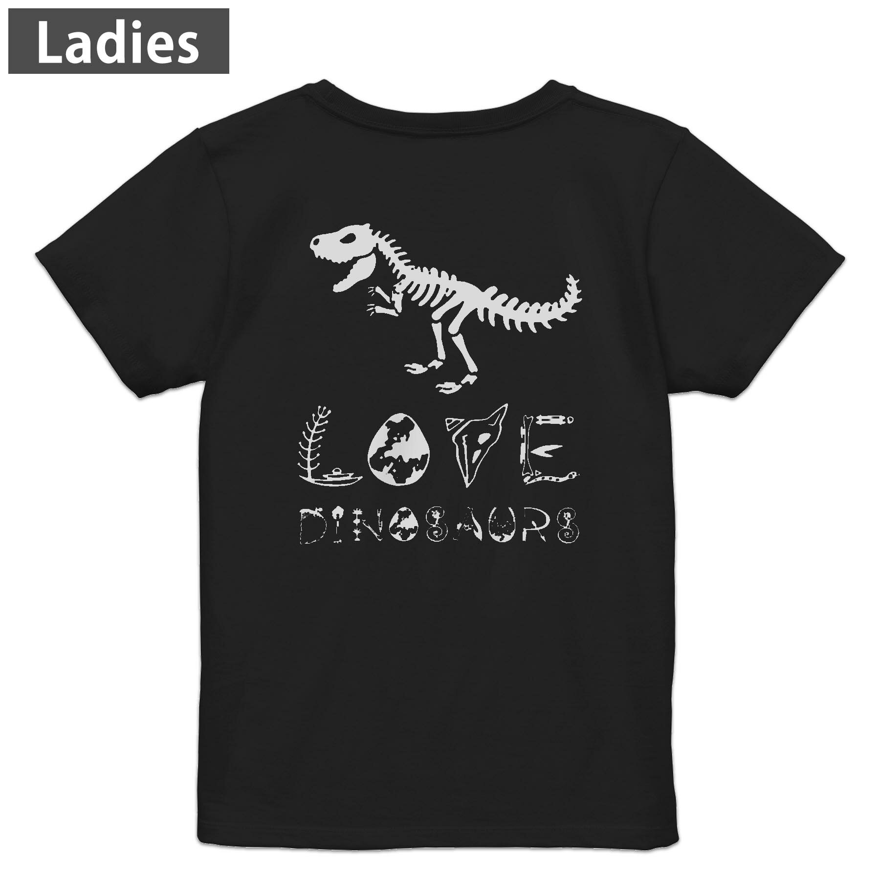Tシャツ レディース バックプリント 半袖 ブラック 黒 デザイン M L tシャツ ティーシャツ T shirt 017554 ダイナソー 恐竜 Dinosaur シルエット 骨