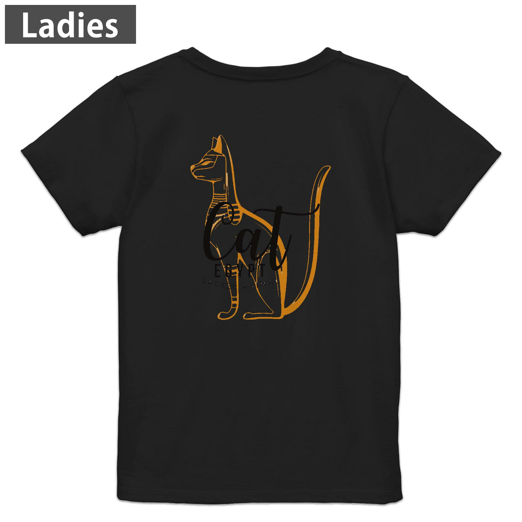 Print - Tシャツ レディース バックプリント 半袖 ブラック 黒 デザイン M L tシャツ ティーシャツ T shirt 017726 CAT　猫　EGYPT　おしゃれ