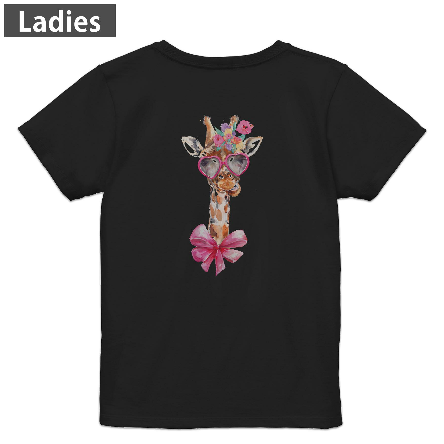 Three-Quarter - Tシャツ レディース バックプリント 半袖 ブラック 黒 デザイン M L tシャツ ティーシャツ T shirt 017752 麒麟　きりん　Giraffe　動物