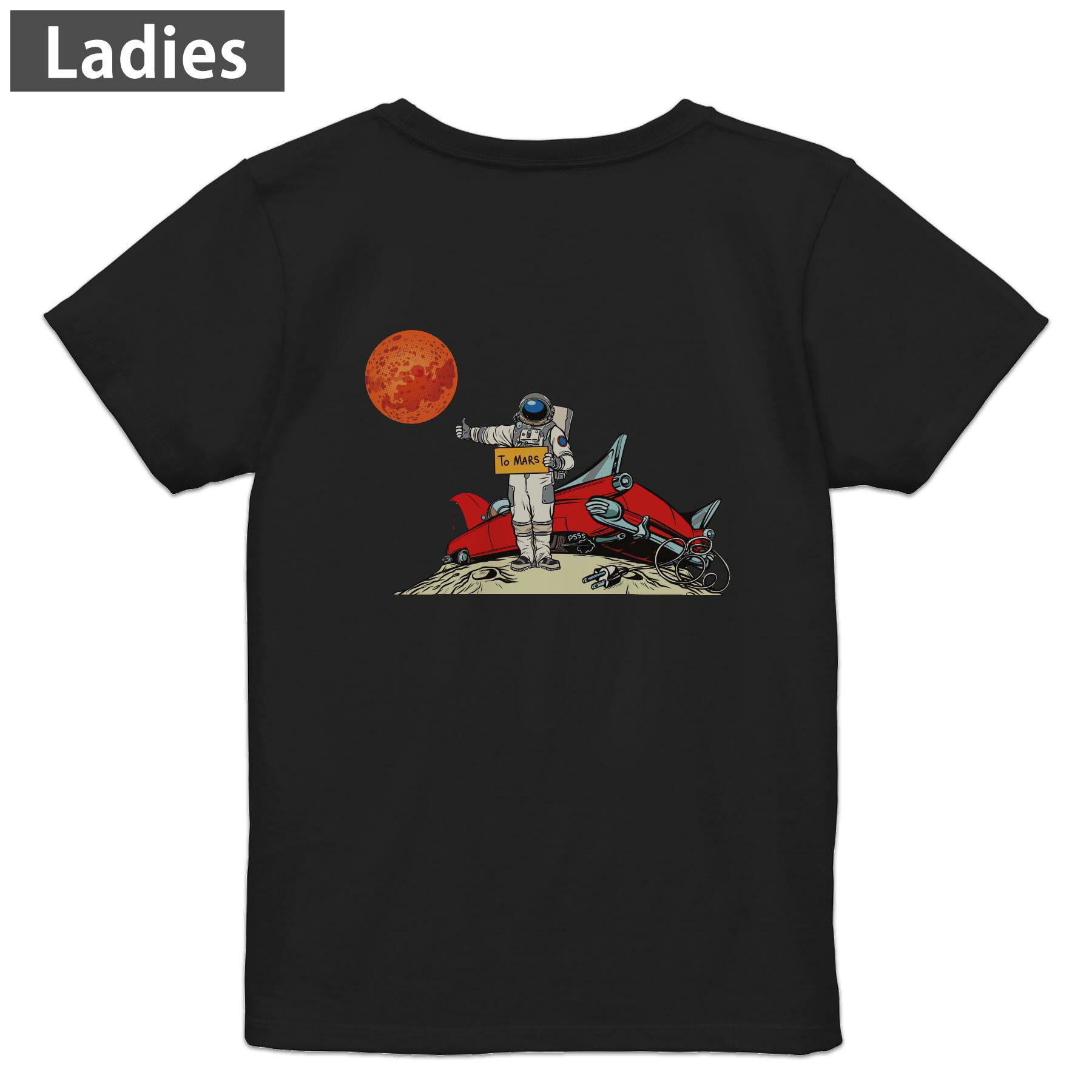 Print - Tシャツ レディース バックプリント 半袖 ブラック 黒 デザイン M L tシャツ ティーシャツ T shirt 017775 宇宙　飛行士