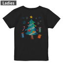 Tシャツ レディース バックプリント 半袖 ブラック 黒 デザイン M L tシャツ ティーシャツ T shirt 017779 クリスマスツリー かわいい