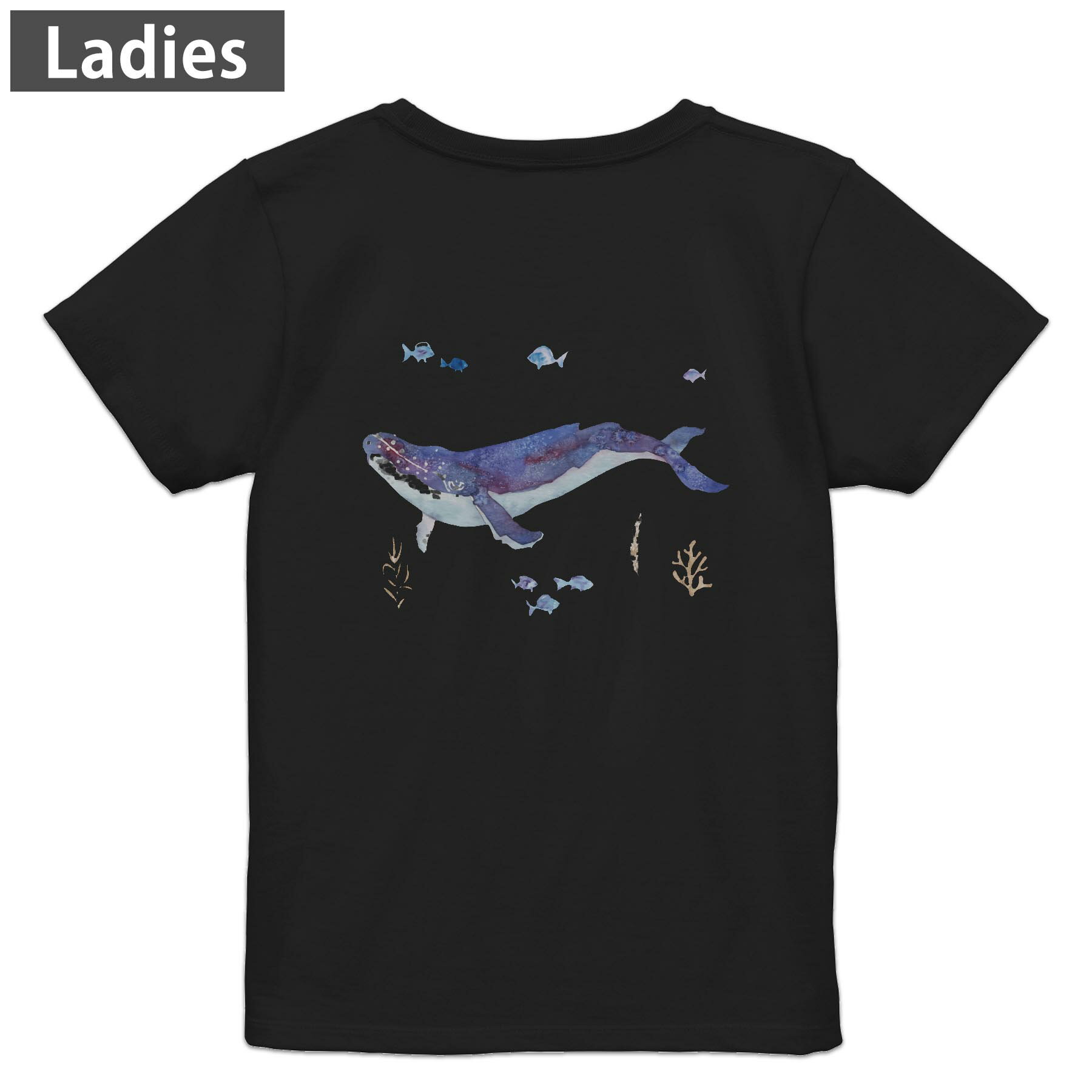 Tシャツ レディース バックプリント 半袖 ブラック 黒 デザイン M L tシャツ ティーシャツ T shirt 017806 くじら 海の中 魚
