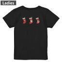 Tシャツ レディース バックプリント 半袖 ブラック 黒 デザイン M L tシャツ ティーシャツ T shirt 017821 クリスマス 靴下 サンタ 雪だるま