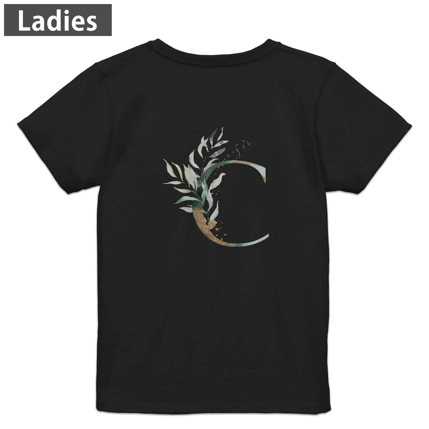 Tシャツ レディース バックプリント 半袖 ブラック 黒 デザイン M L tシャツ ティーシャツ T shirt 019107 文字 c アルファベット